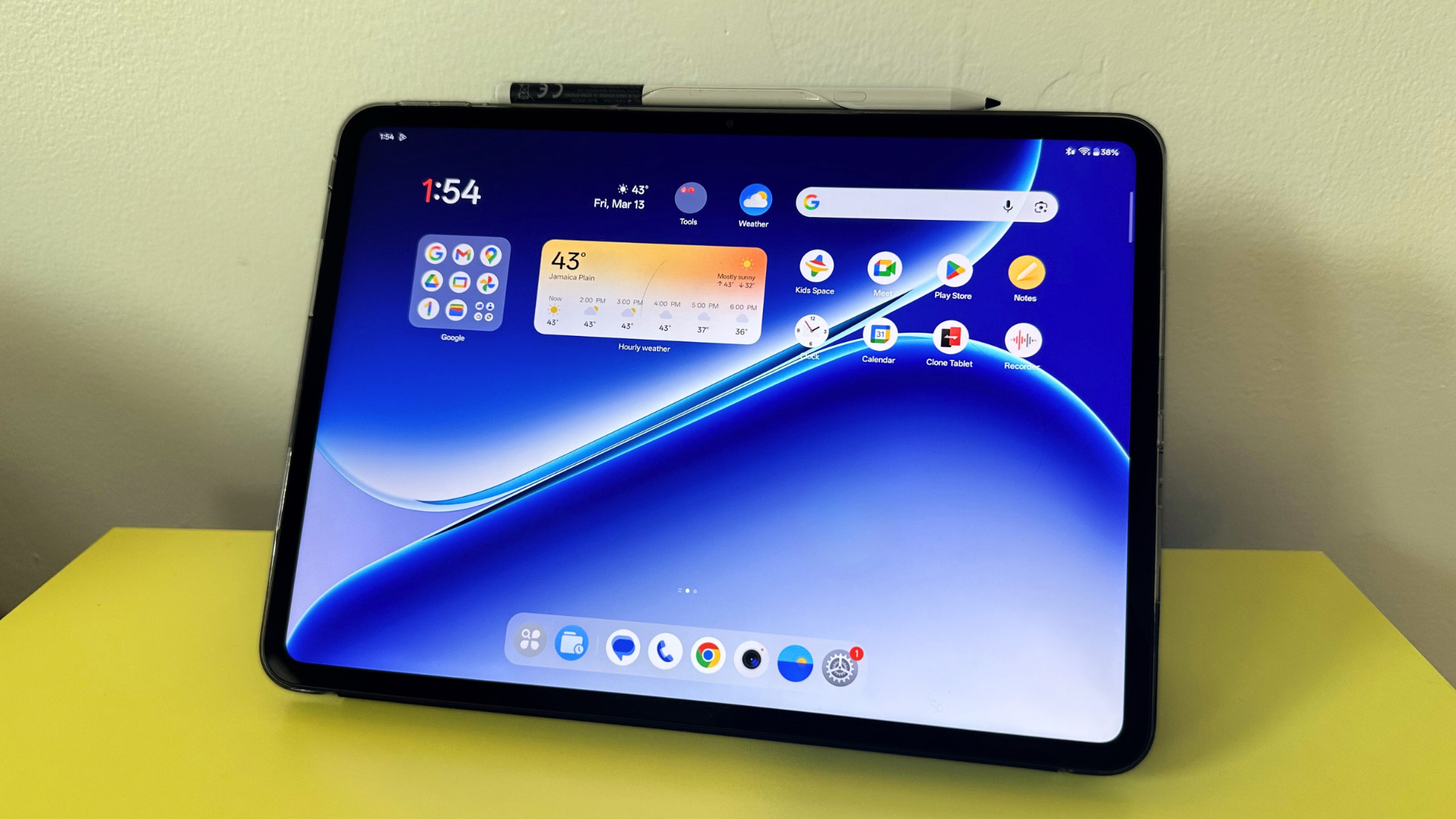 A OnePlus Pad Go 2 tablet against a wall