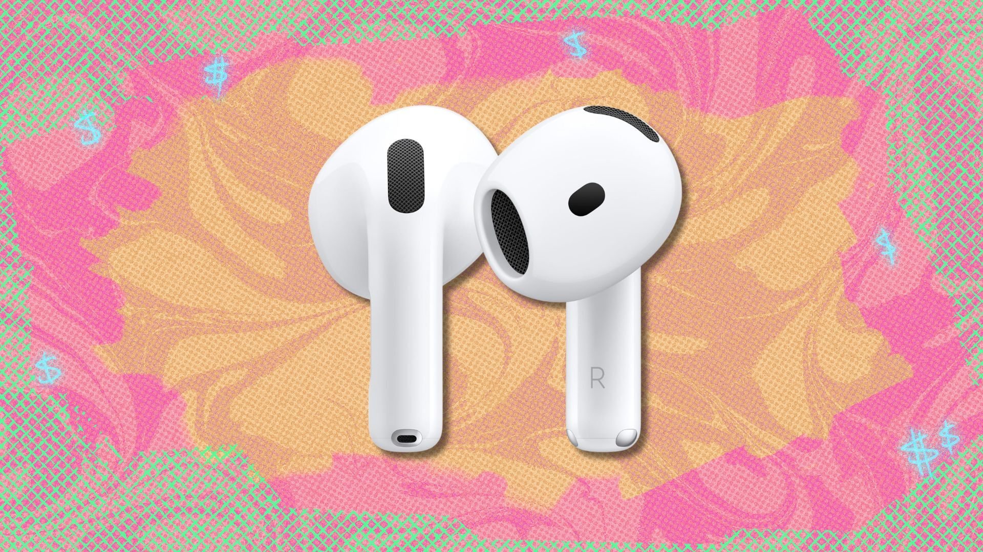 airpods 4 against a pink, yellow, and green patterned background