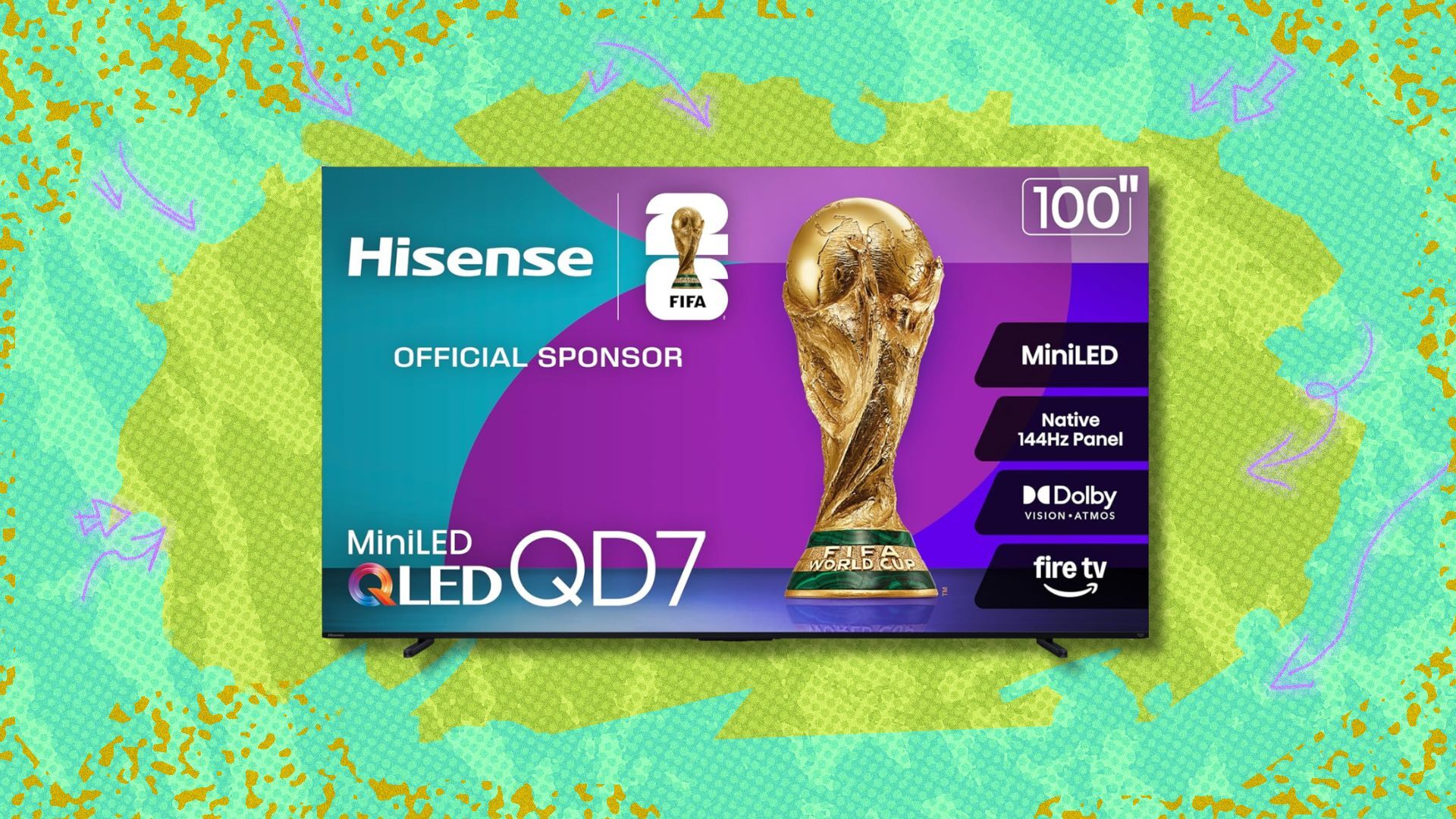 hisense 100-inch class qd7 mini-led 4k tv against a green patterned background
