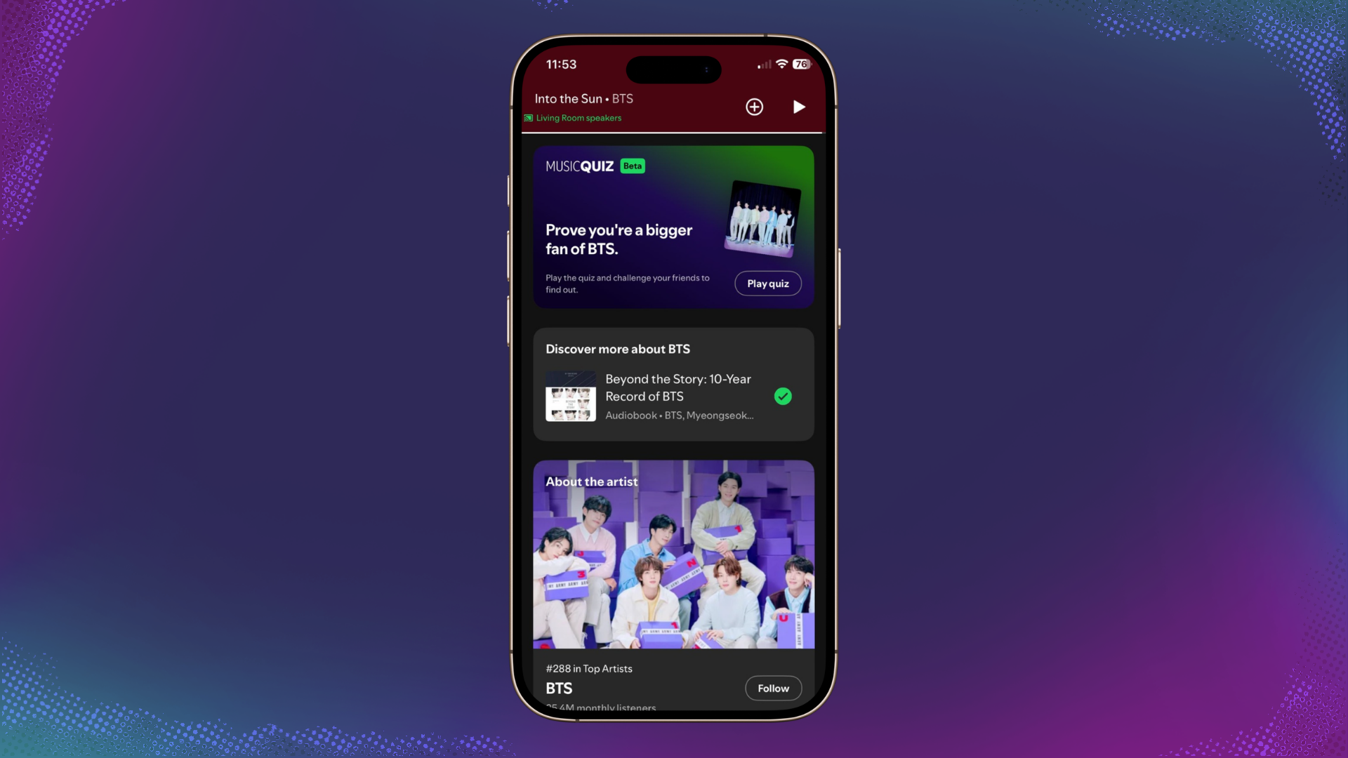 A screenshot of the Spotify BTS quiz on a smartphone.