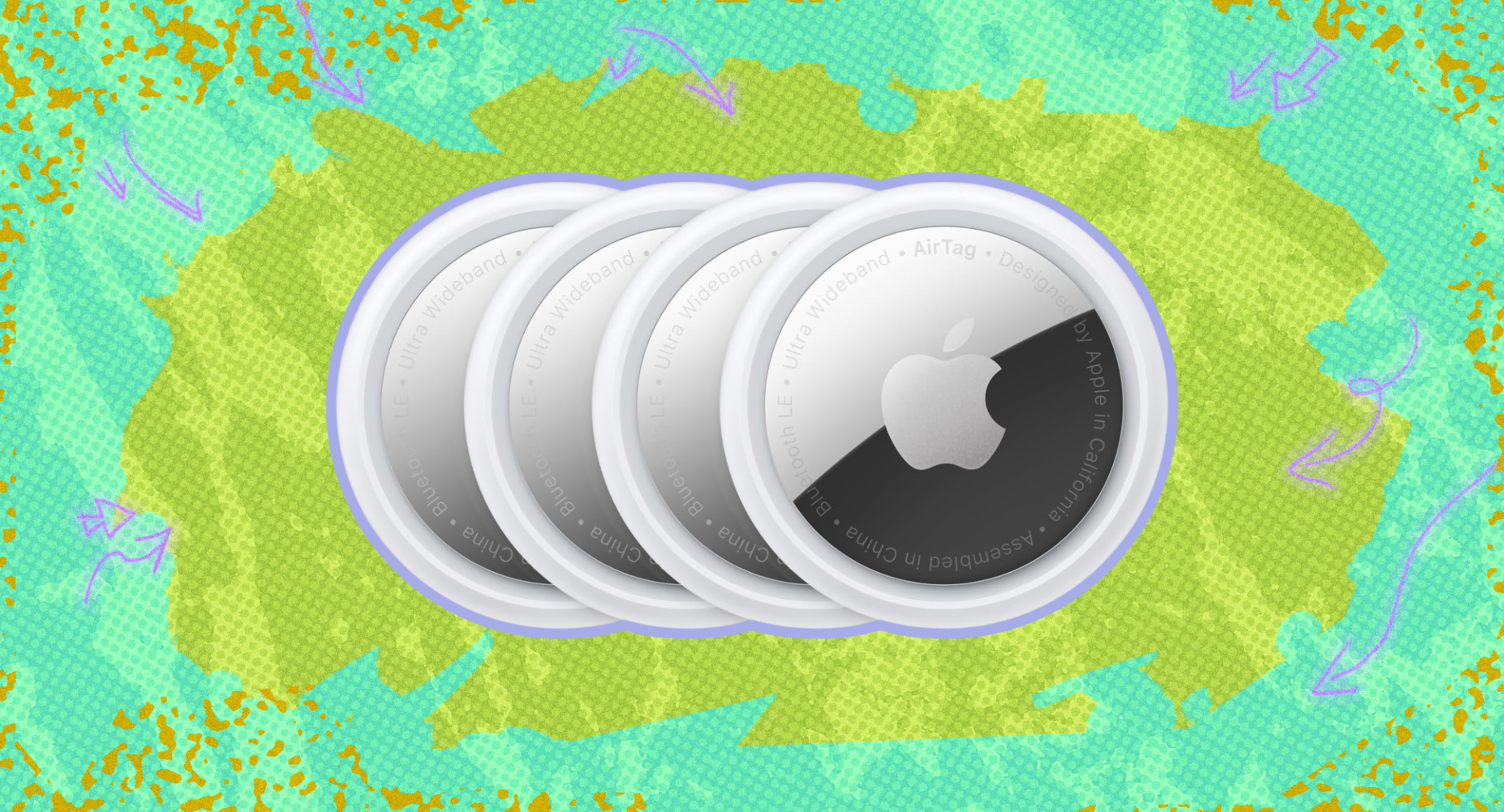 Apple AirTags against a colorful background. 