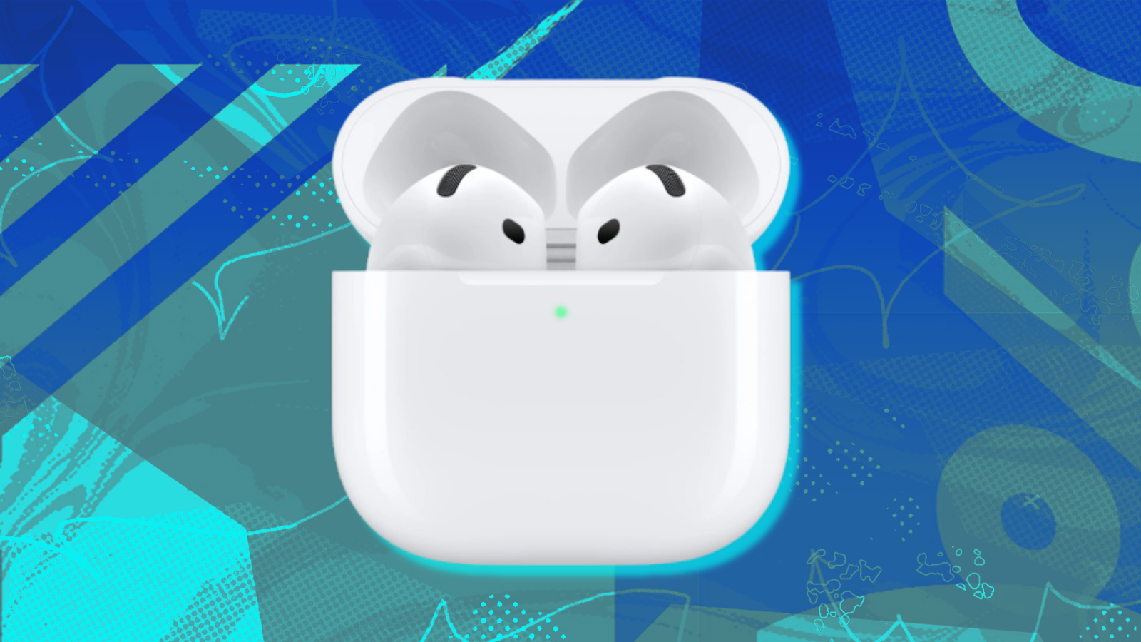 Apple AirPods 4 with blue abstract background