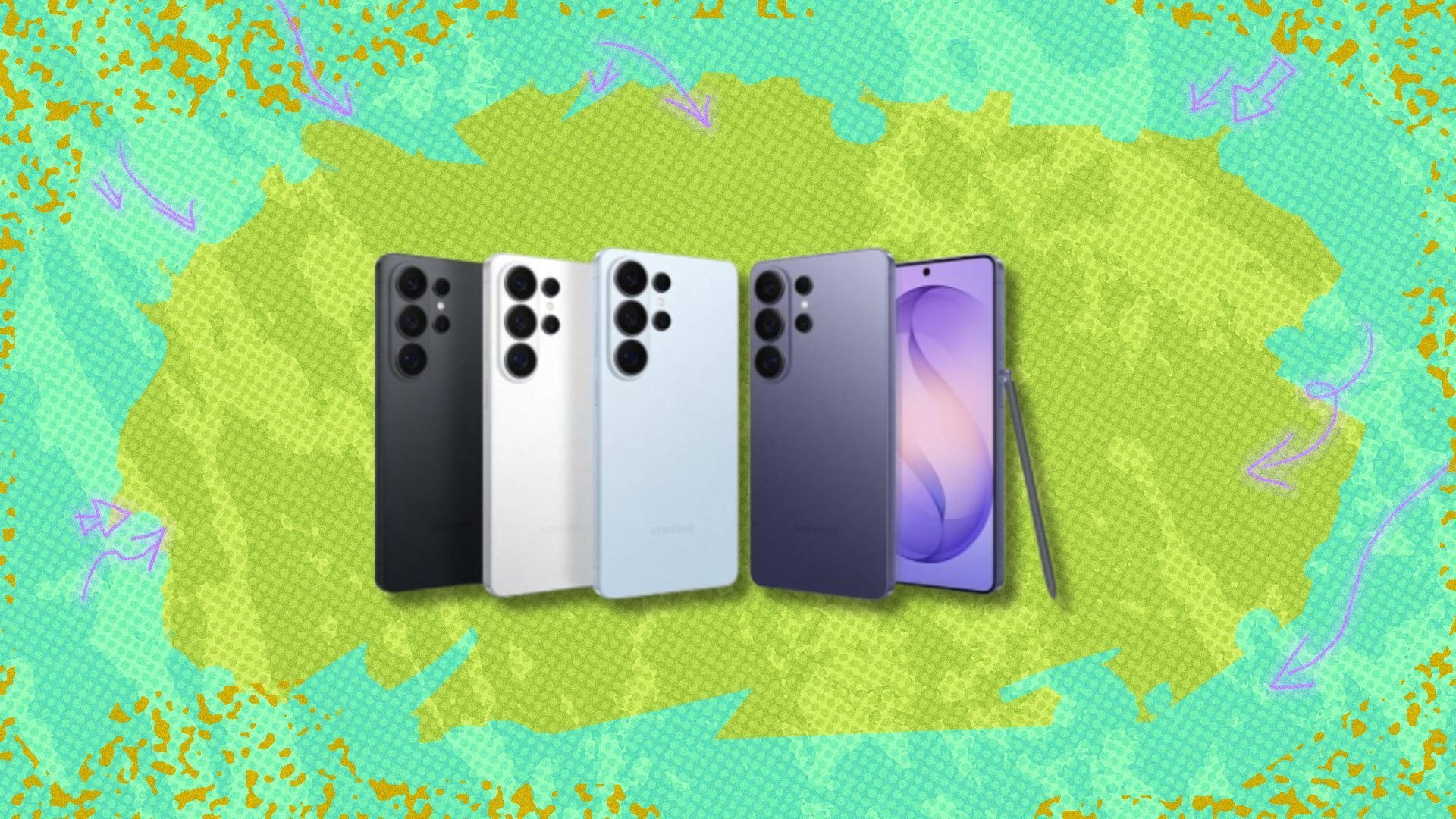 the Samsung Galaxy S26 Ultra with included S-Pen in a row on a green background with purple arrows