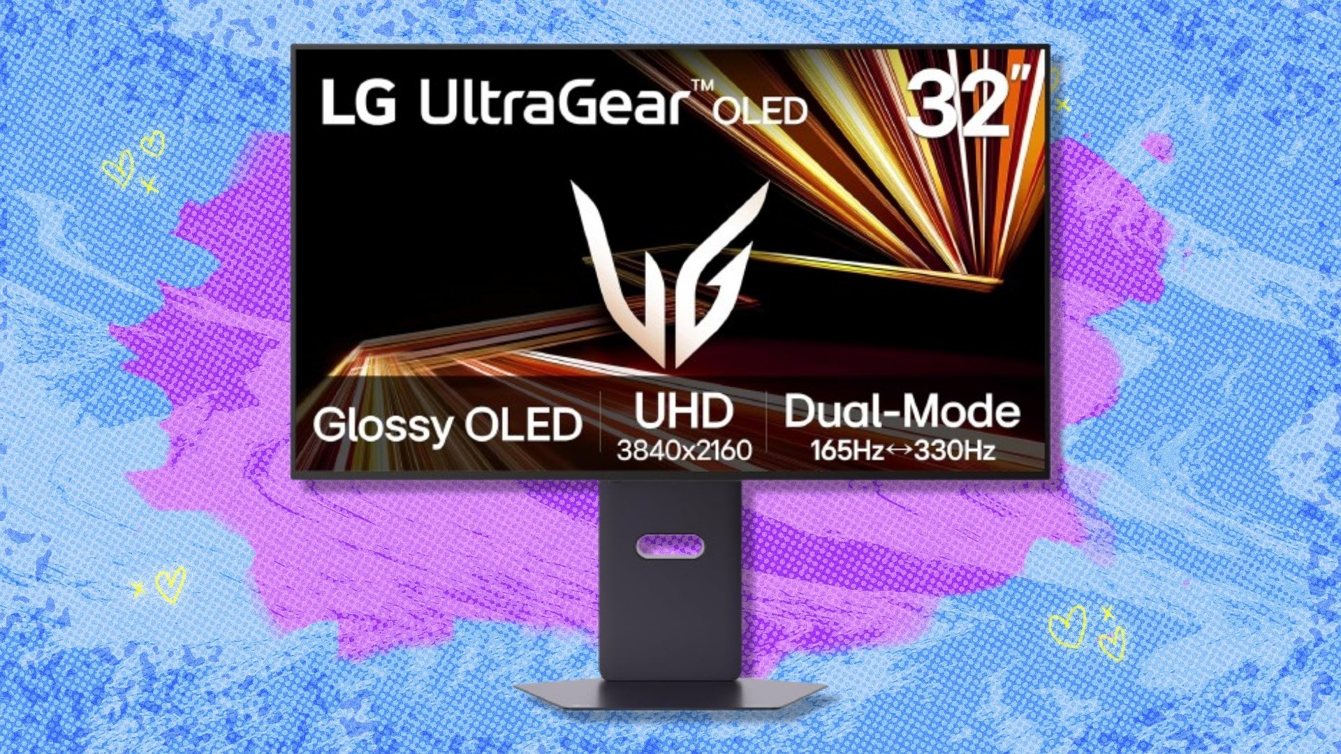 The LG 32-inch UltraGear 4K OLED Gaming Monitor (32GX850A-B) on a blue and purple background