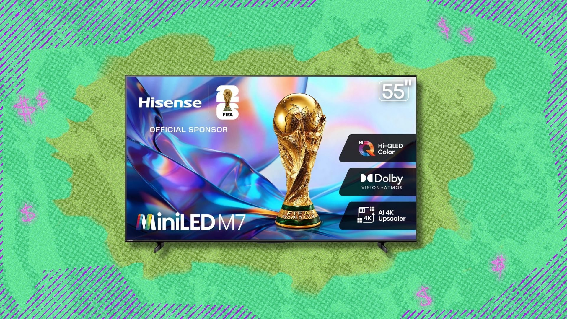 hisense tv against a green patterned background