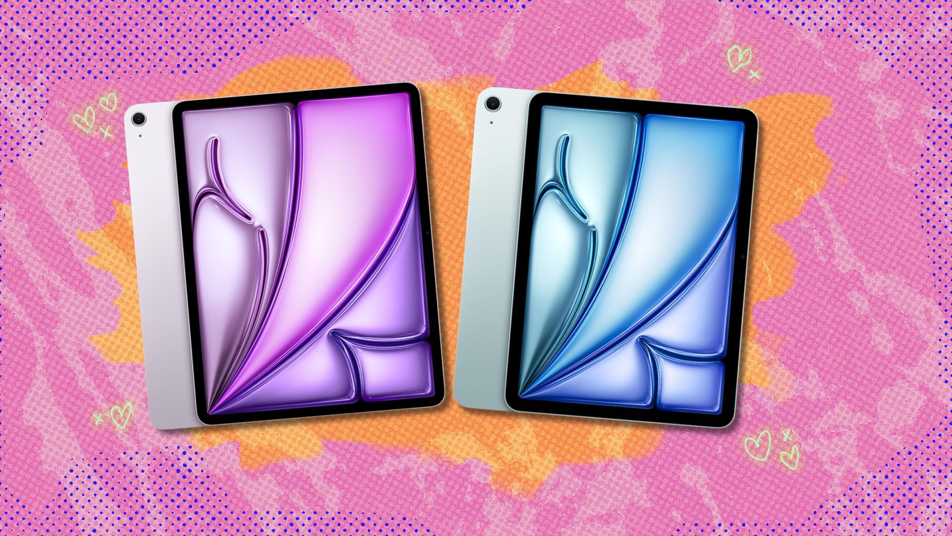 two ipad air models against a pink and orange patterned background