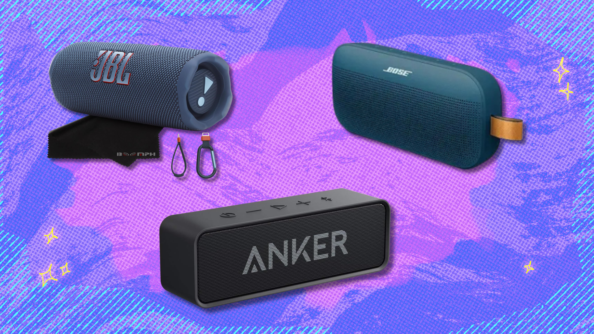 JBL, Anker, and Bose Bluetooth speakers