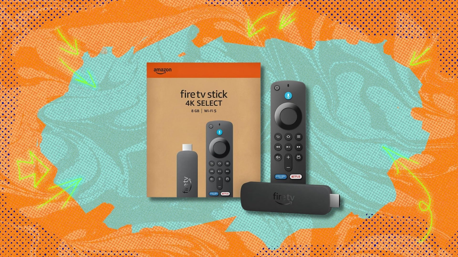 fire tv stick 4k select streaming stick and box against a blue and orange patterned background