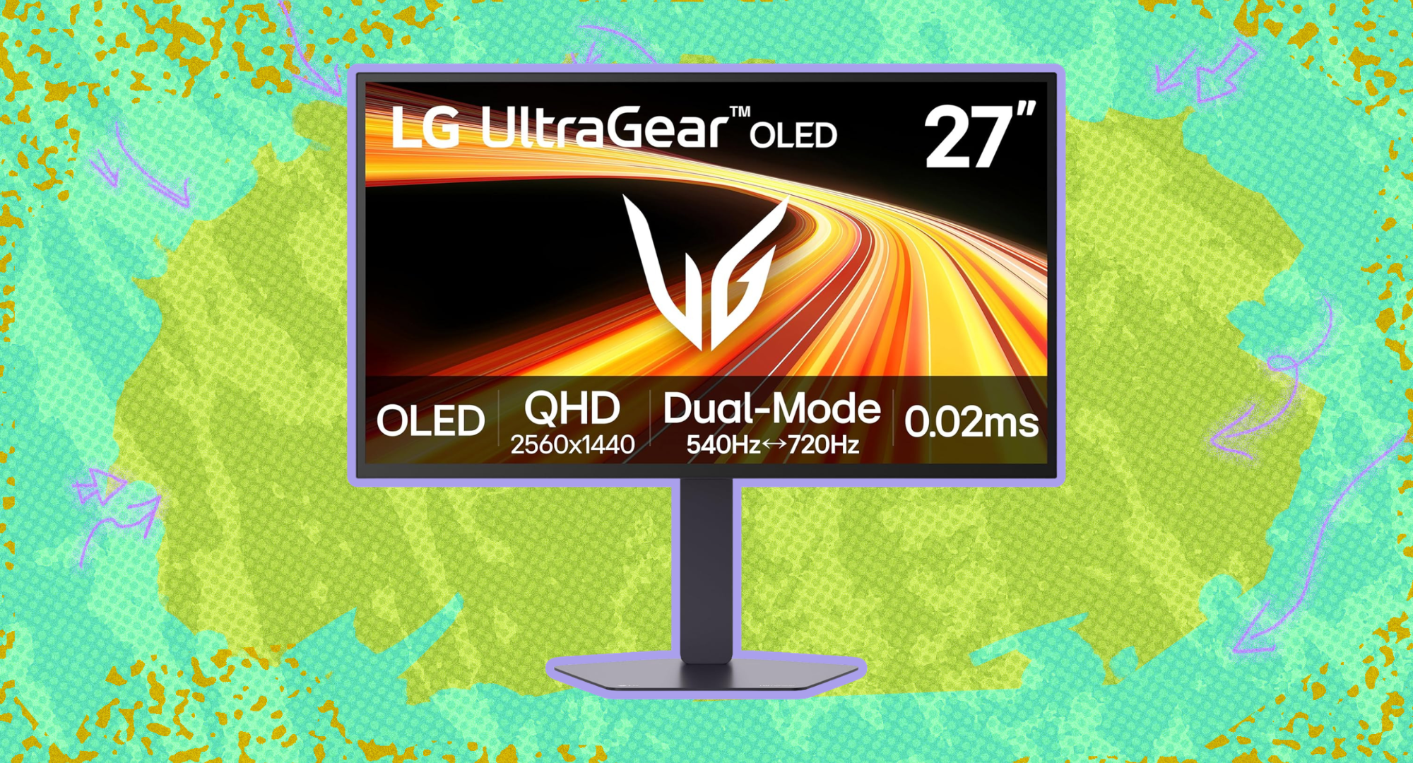 LG UltraGear OLED gaming monitor against a colorful background. 