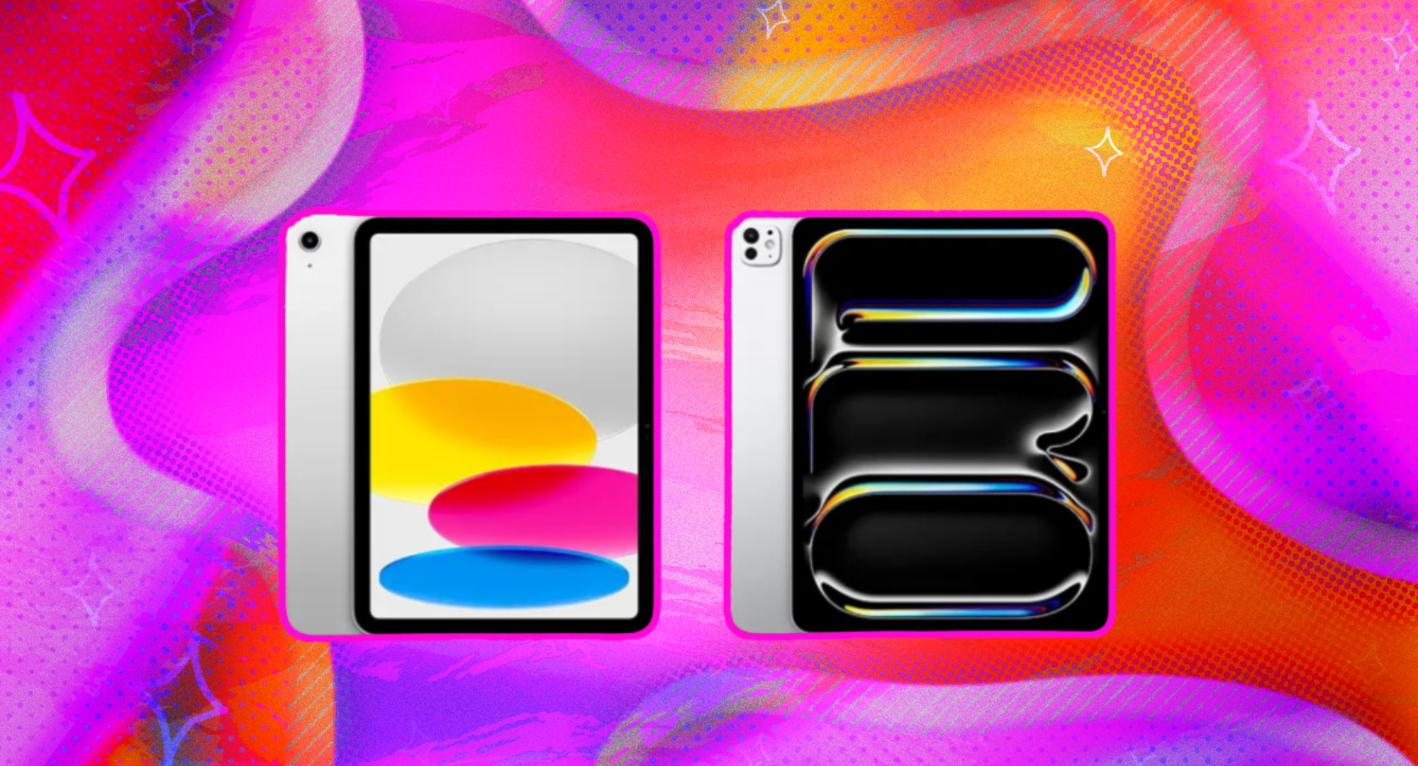 Apple ipads against a colorful background.