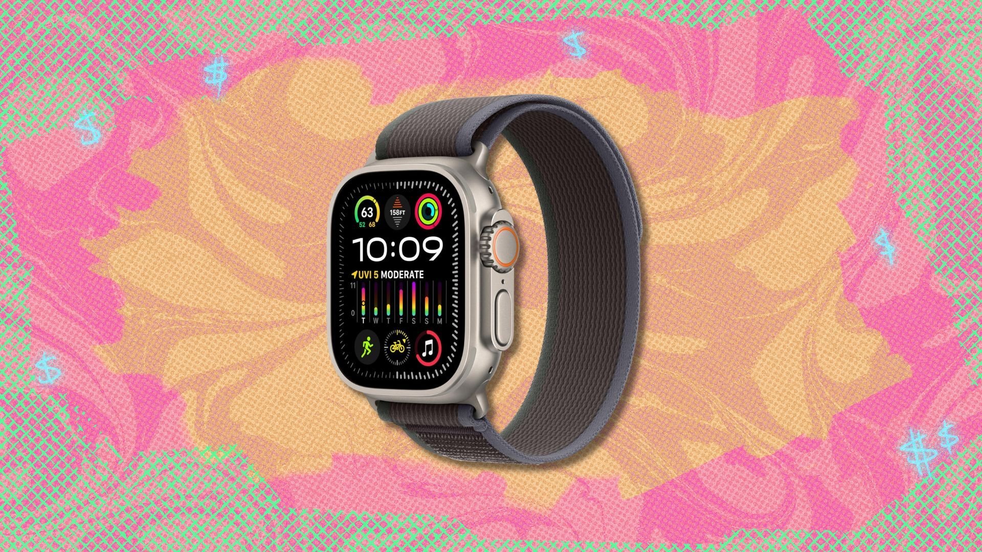 apple watch ultra 2 against a yellow, pink, and green patterned background