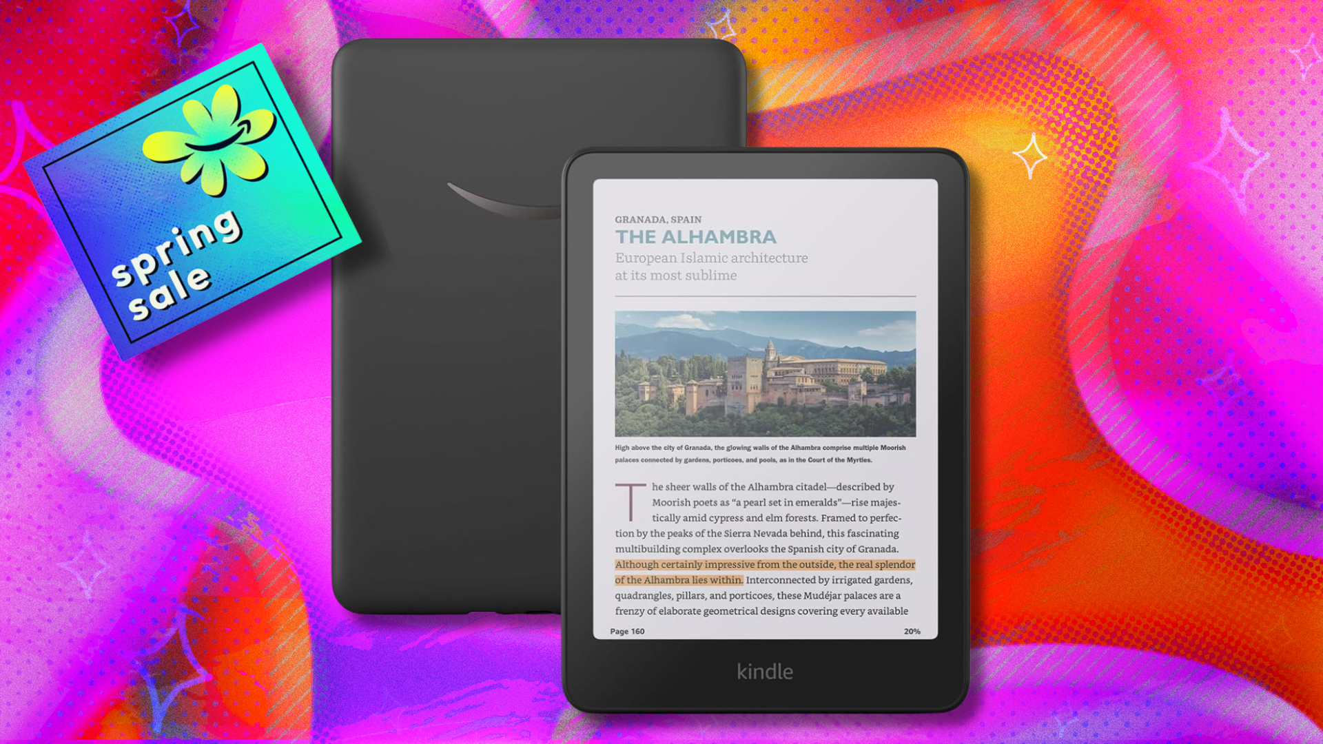 An Amazon Kindle Colorsoft on a colorful background