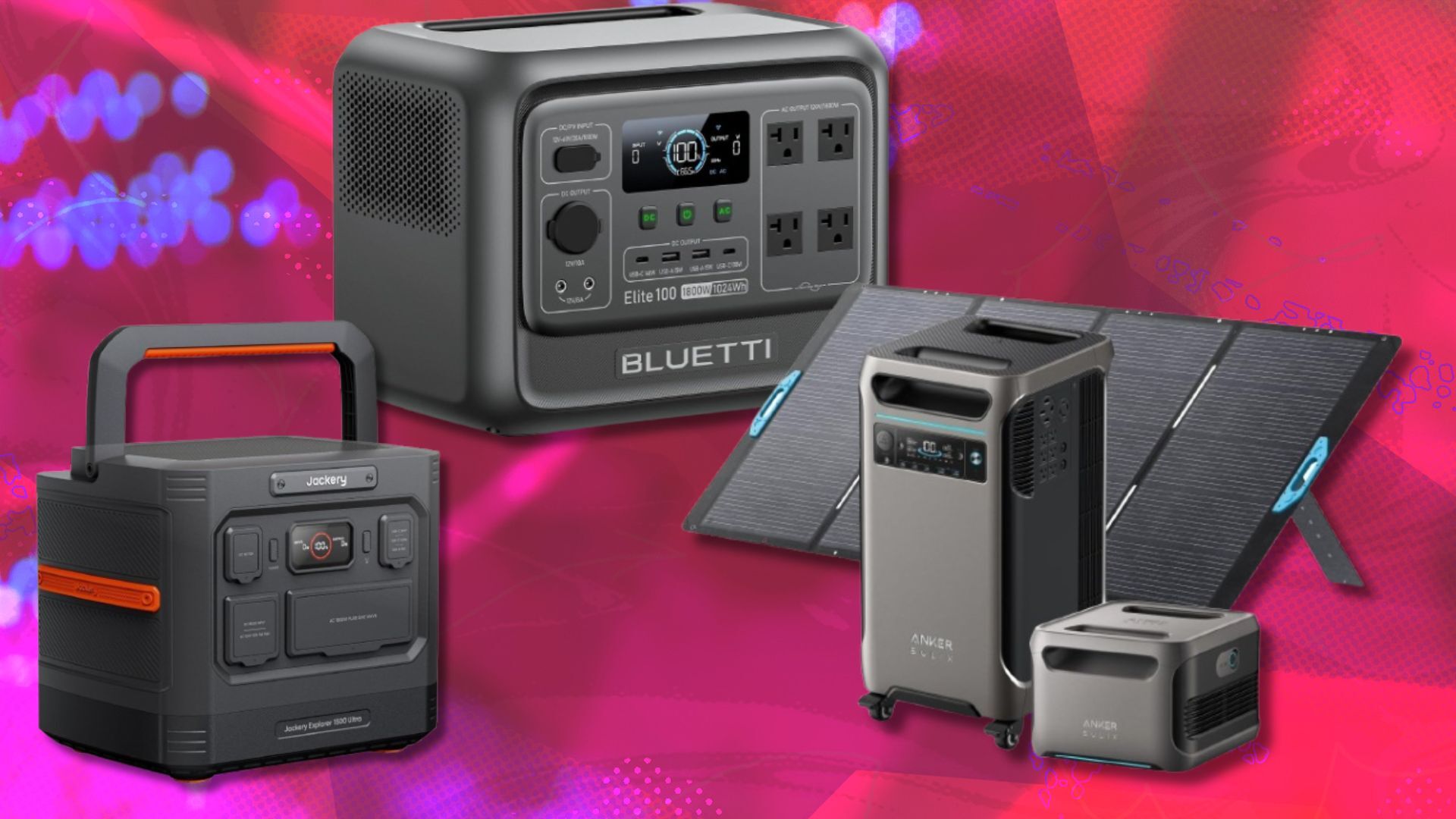 three portable power stations on a pink background