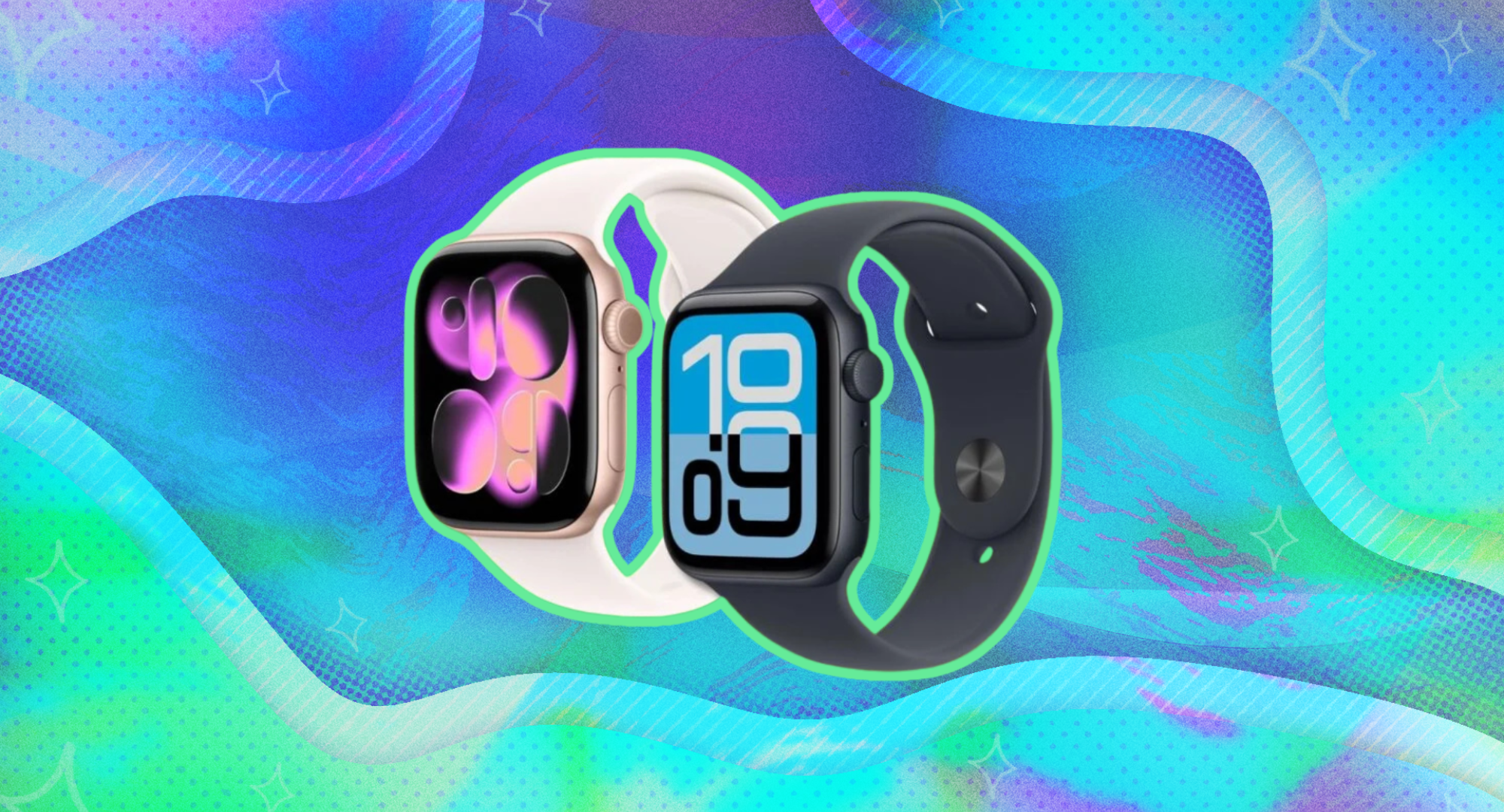 Two Apple Watches against a colorful background. 