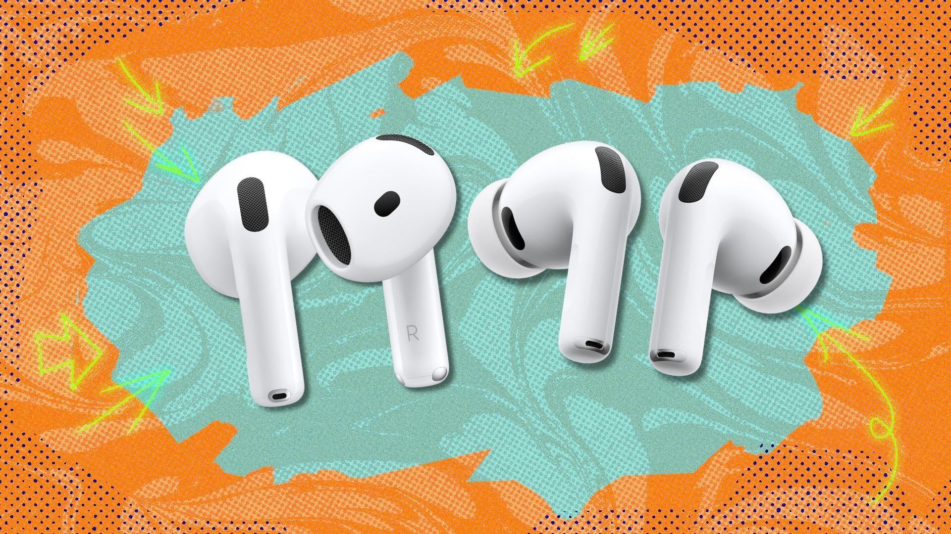 airpods 4 and airpods pro 3 against an orange and blue patterned background