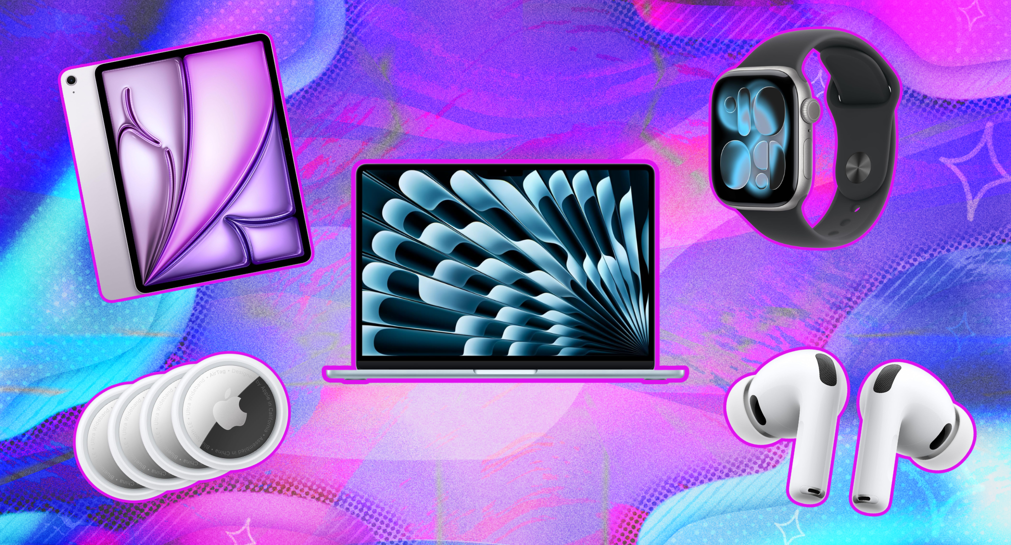 Apple products against a colorful background.