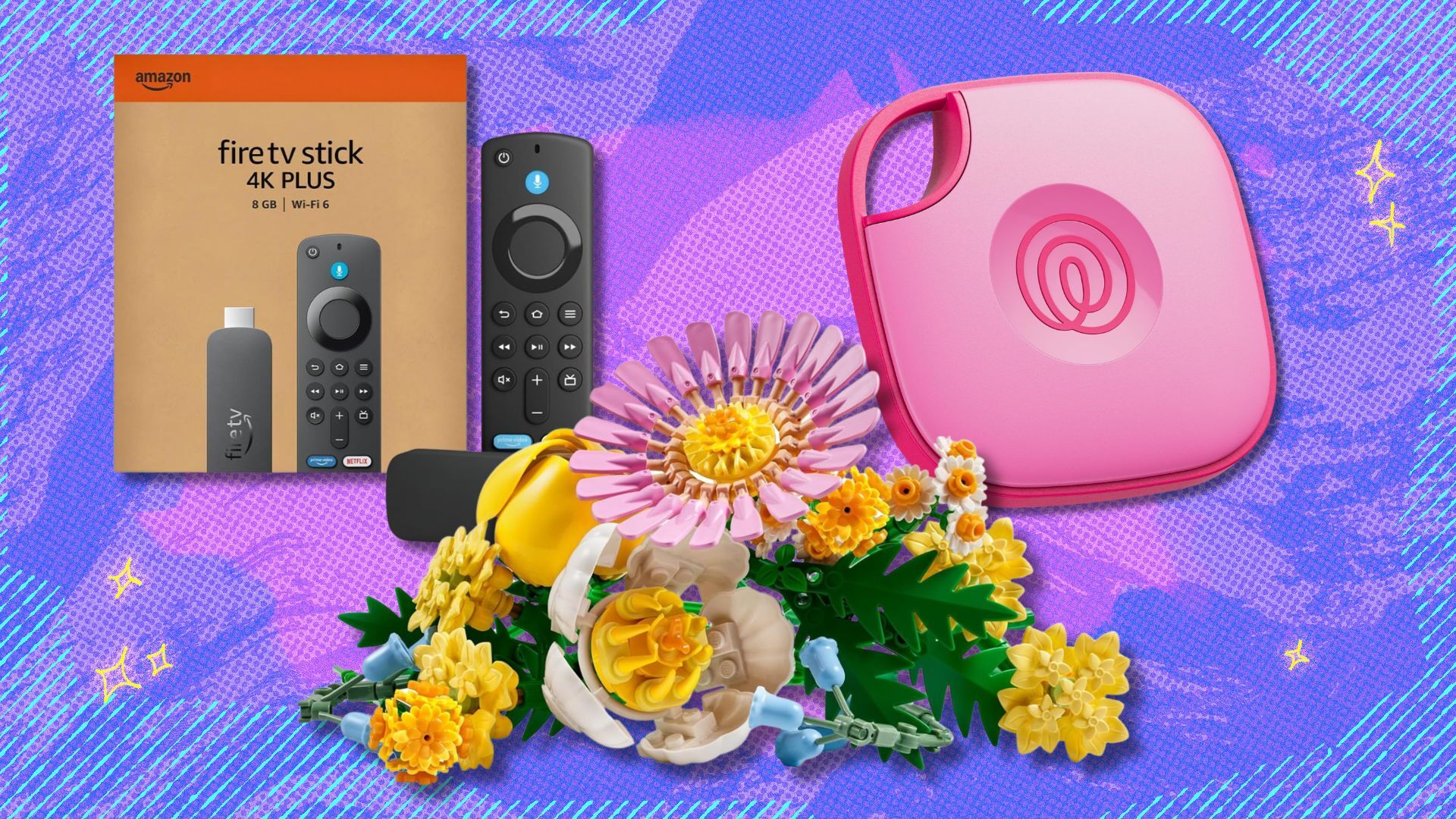 fire tv stick 4k plus, lego botanicals petite sunny bouquet set, and life360 tile against a purple background