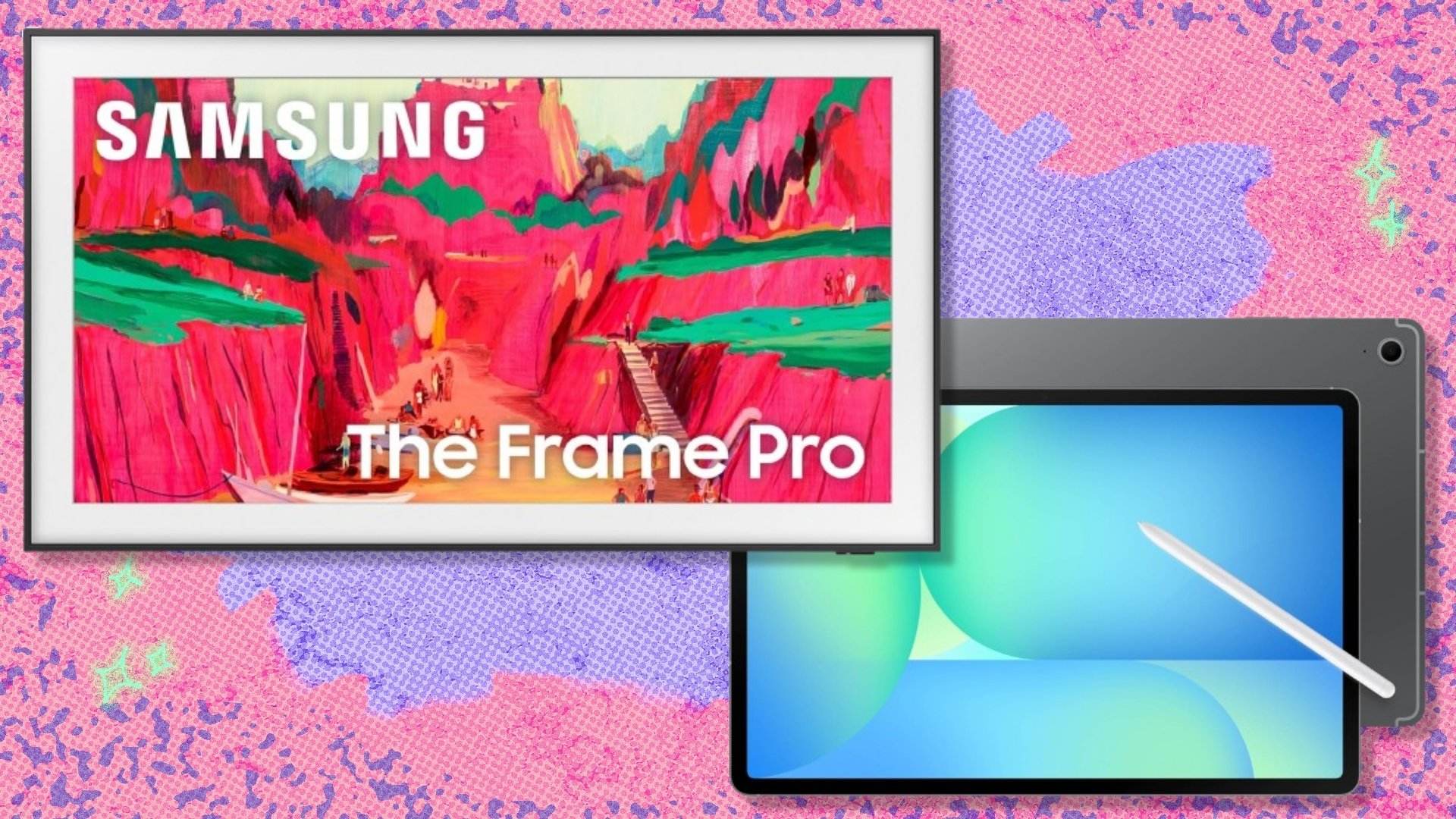 The 65-inch Samsung The Frame Pro LS03FW Smart TV and Samsung Galaxy Tab S10 FE+ on a red and purple background