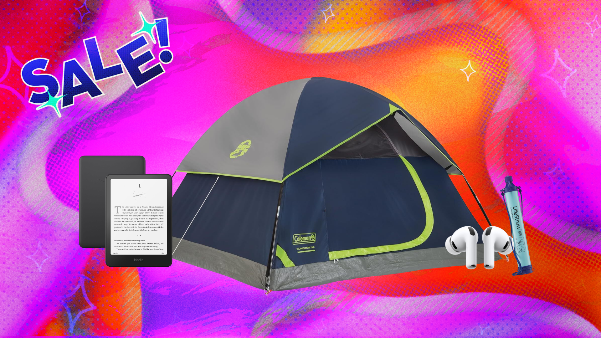 coleman tent, kindle paperwhite, airpods 3, lifestraw filter on swirly pink, purple, and orange background