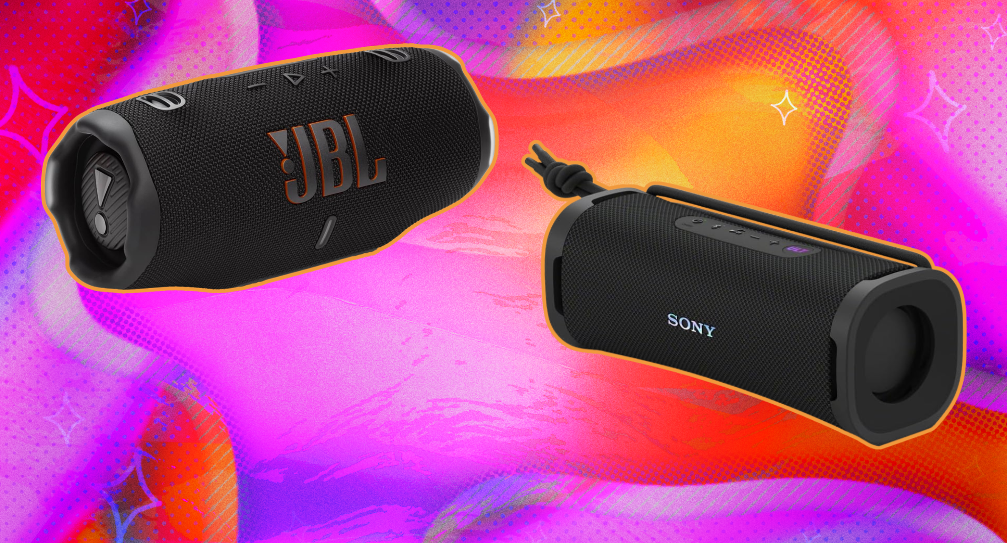 A JBL and Sony speaker against a colorful background. 