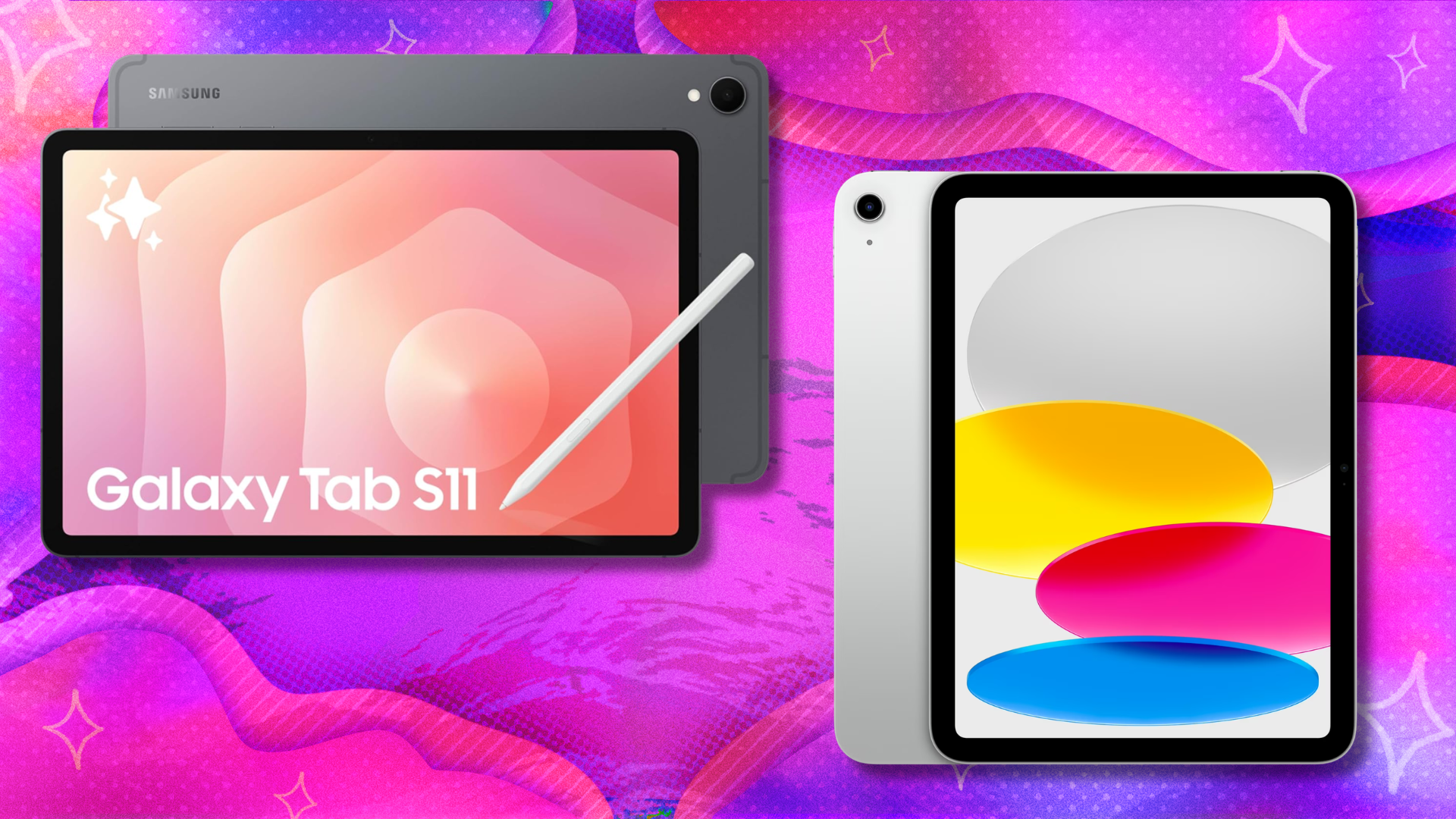 A Samsung tablet and an Apple iPad on a colorful background