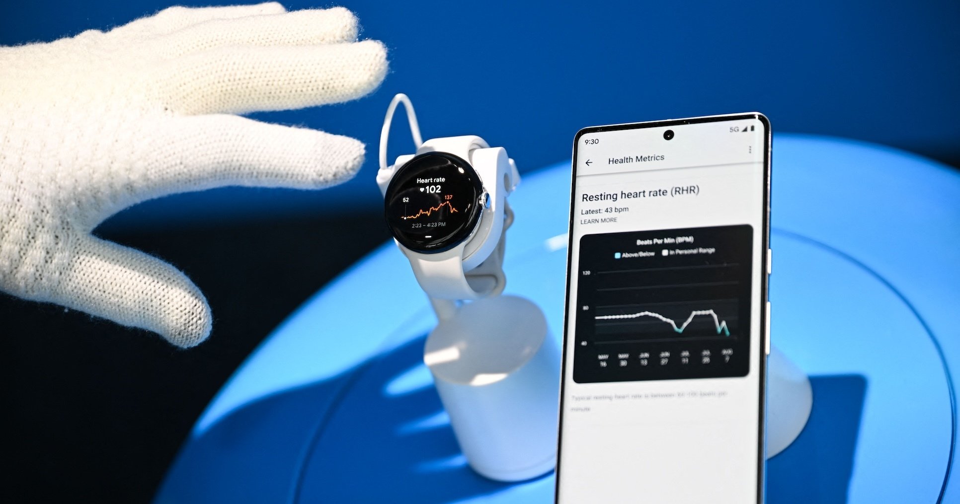 A gloved hand above Fitbit running on a Google Pixel watch