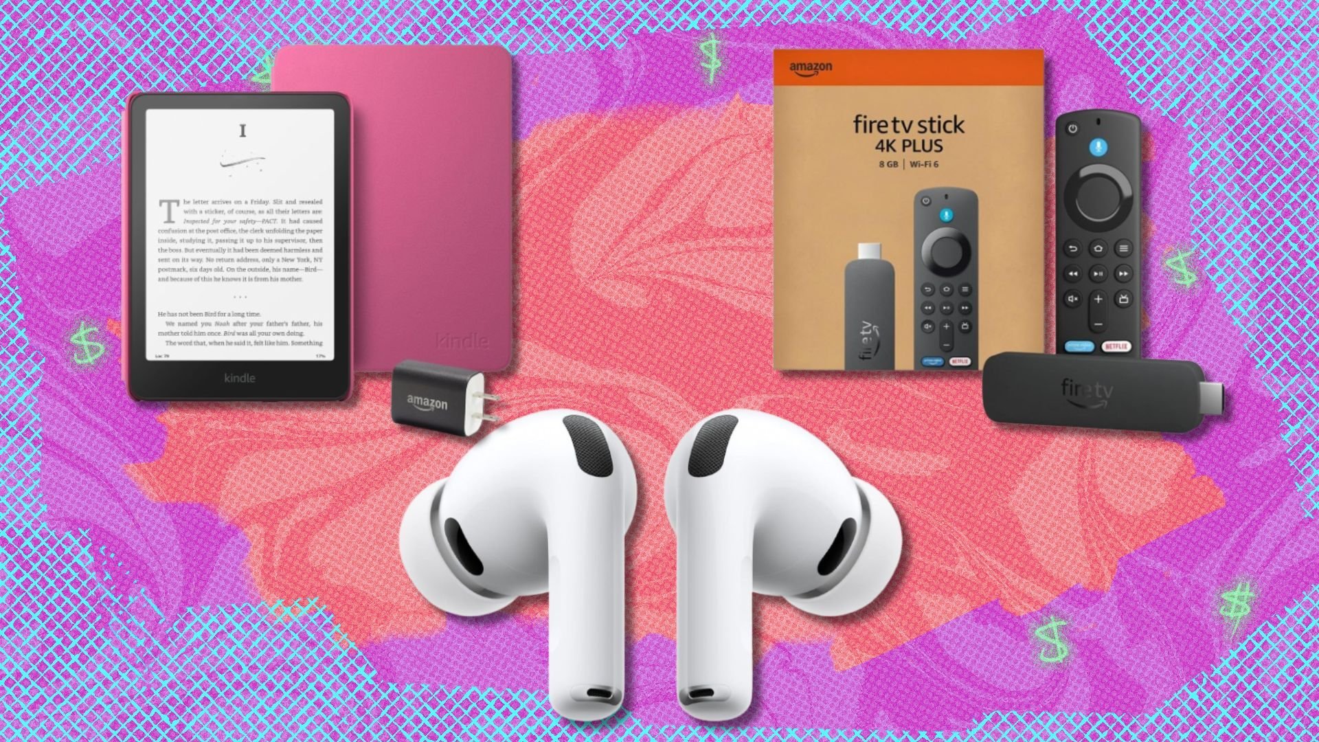 an amazon kindle paperwhite bundle, apple airpods, and amazon streaming stick on a pink and purple background