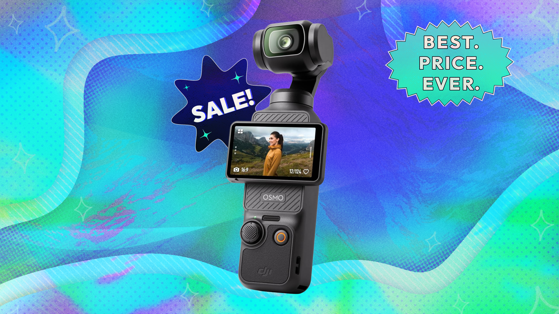 dji osmo pocket 3 camera with stickers that read 'sale' and 'best price ever'