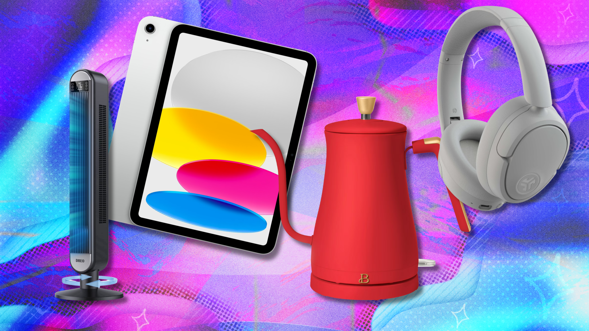 A tower fan, Apple iPad, Beautiful electric kettle, and JLab headphones on a colorful background