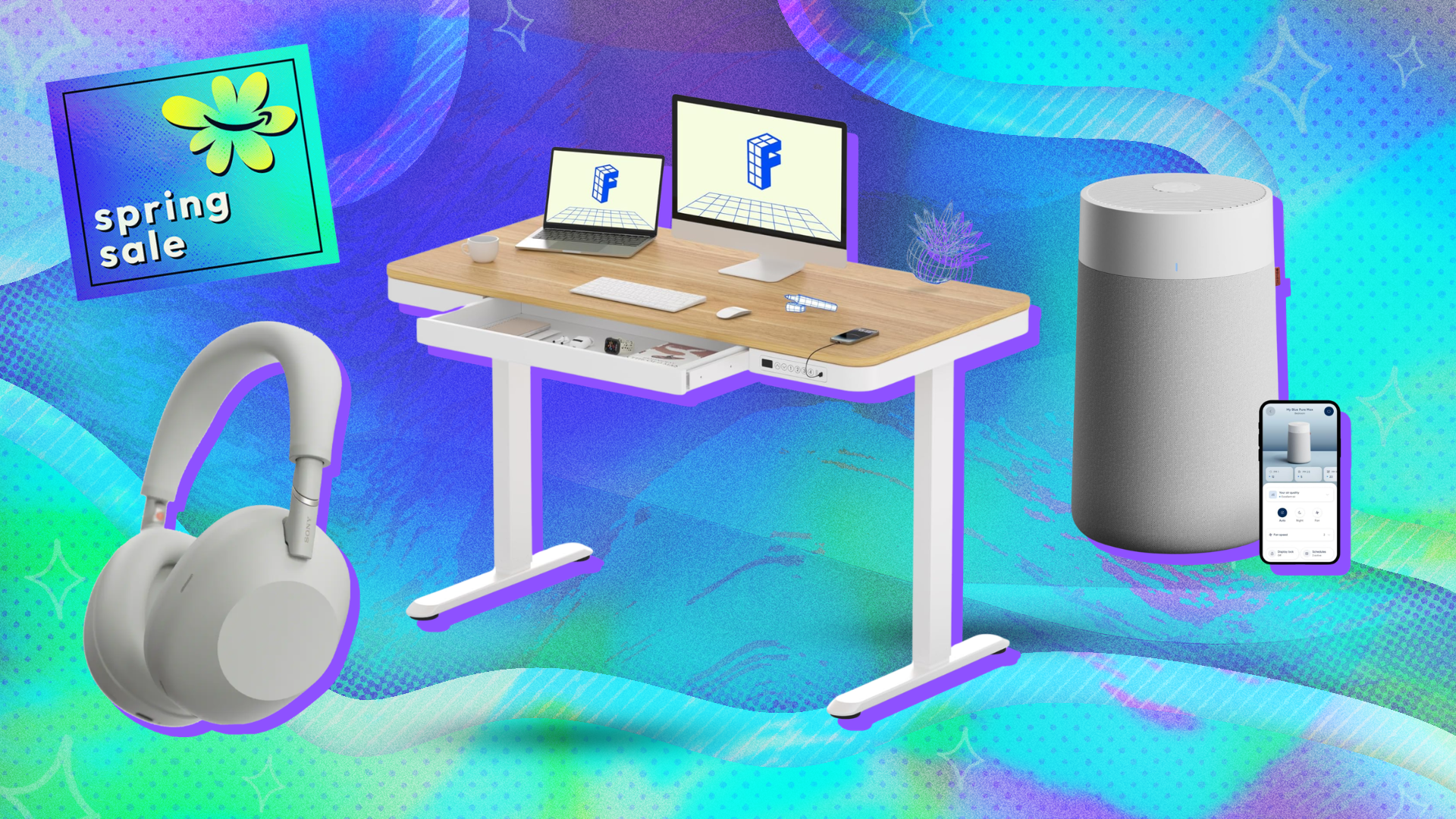 Sony WH-1000XM6 headphones, standing desk, and air purifier arranged on blue, purple, and green backdrop