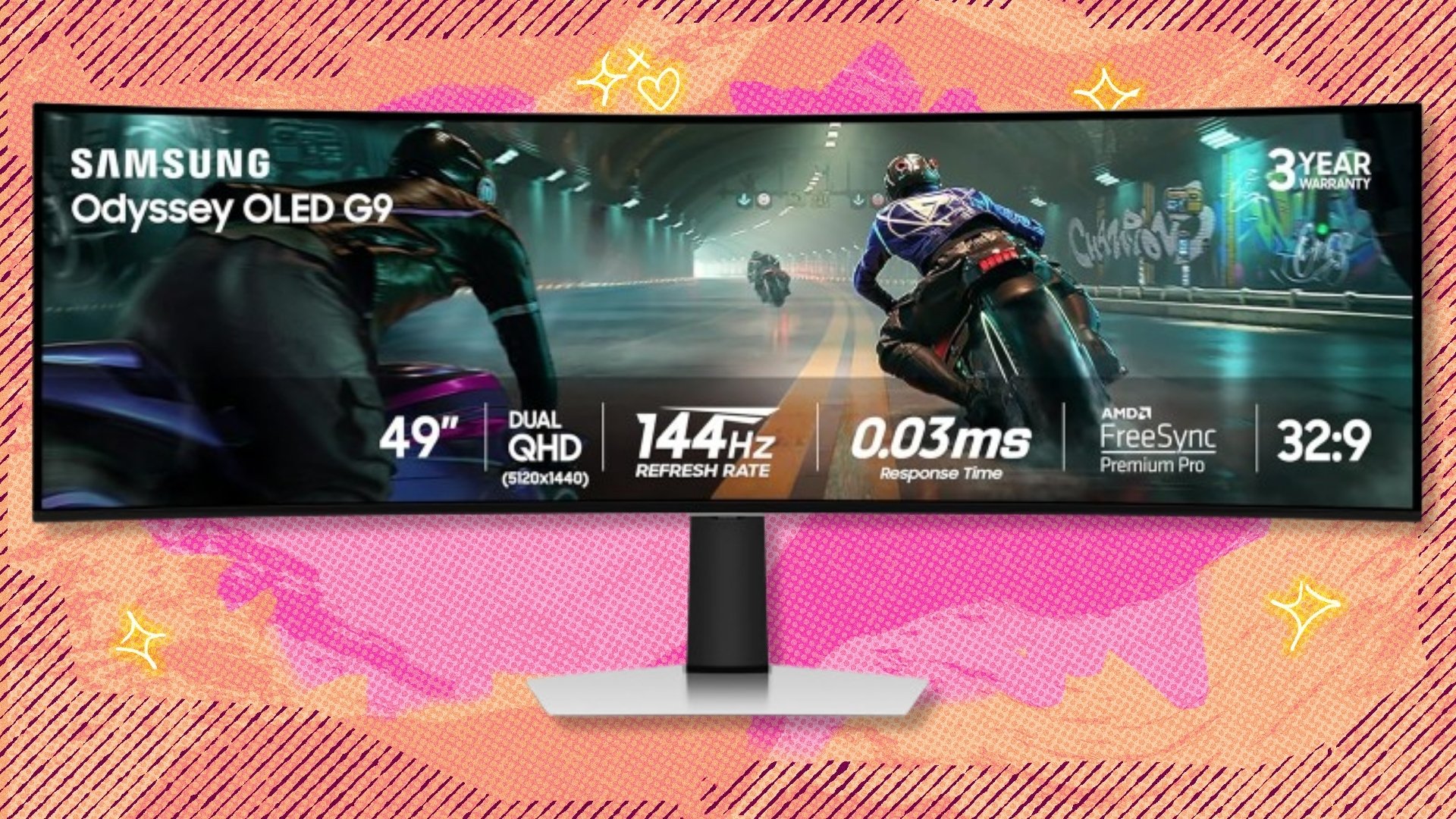 The Samsung 49-inch Odyssey OLED G9 Curved Gaming Monitor on a red and orange background