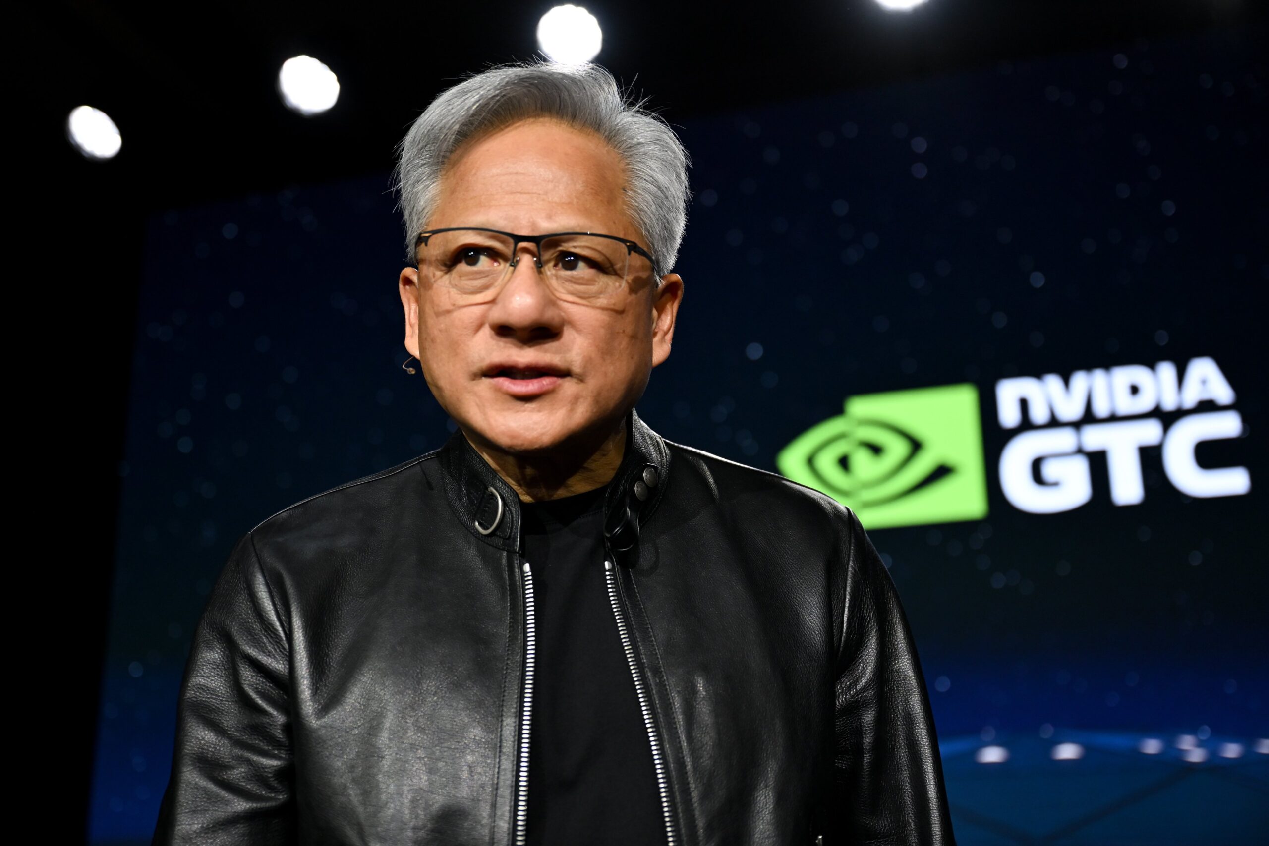 Jensen Huang, chief executive officer of Nvidia Corp., during a news conference at the Nvidia GTC conference