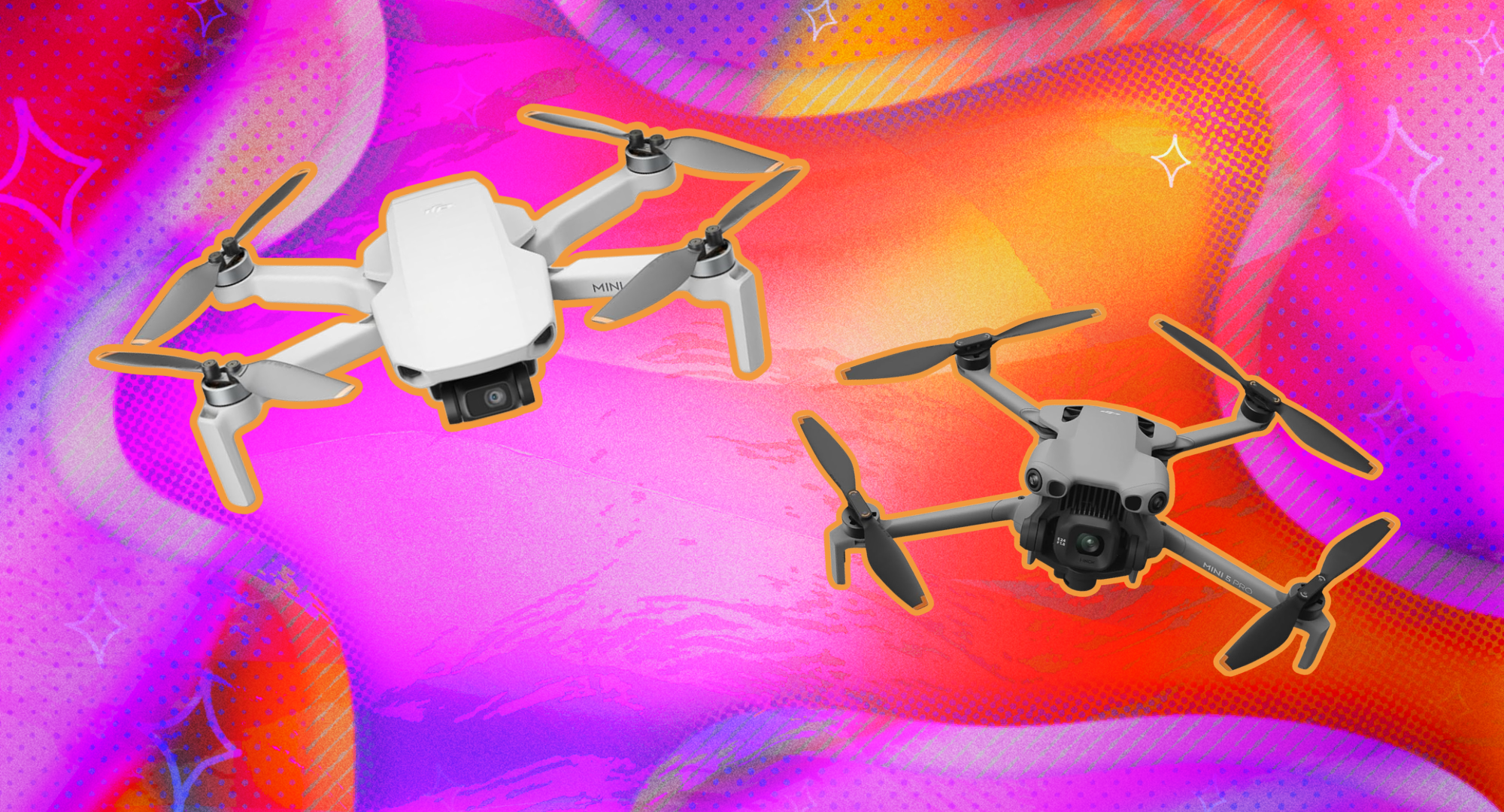 Two DJI drones against a colorful background.