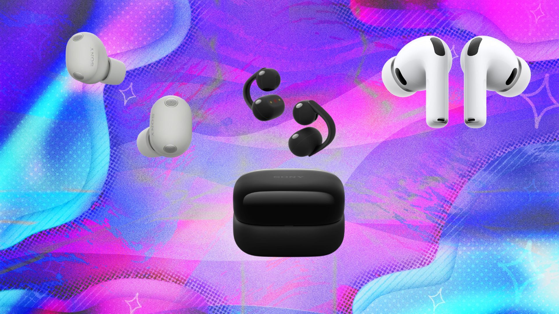 sony xm6 earbuds, sony linkbuds clip earbuds, and apple airpods pro on blue and pink background