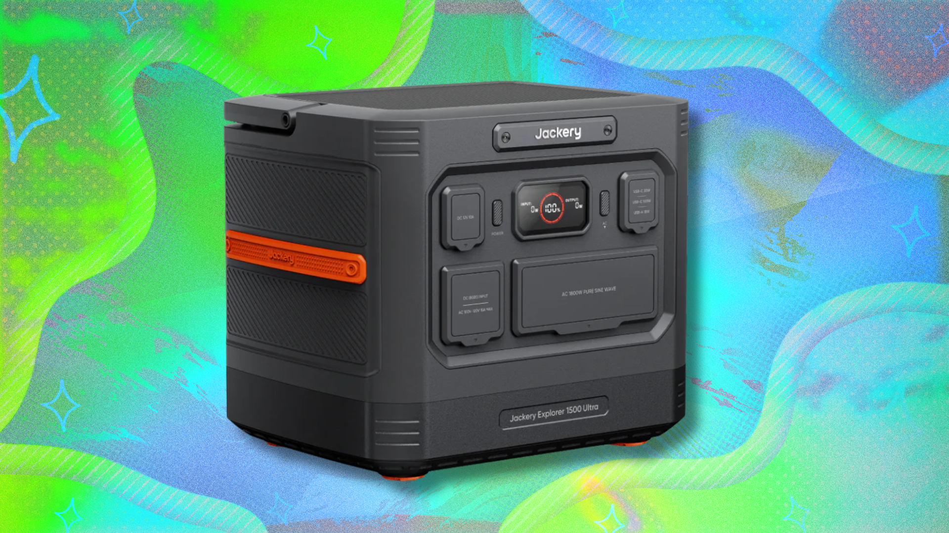 Jackery Portable Power Station Explorer 1500 on green and blue abstract background