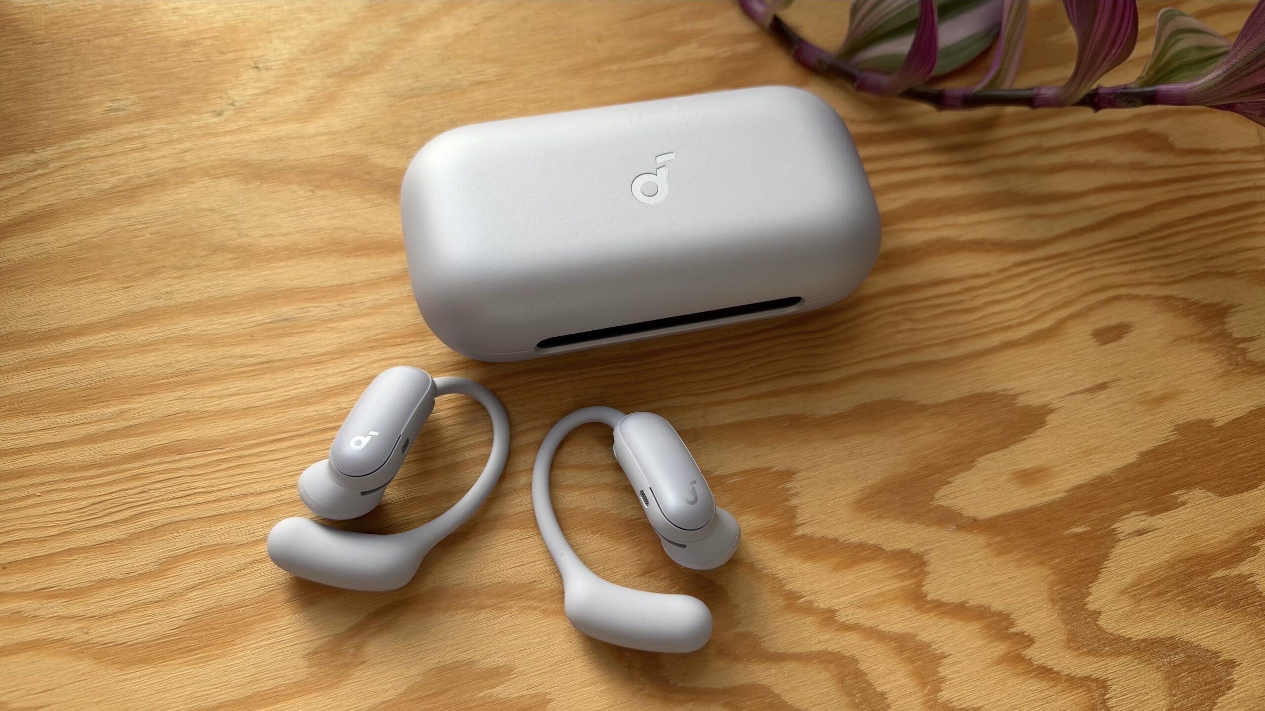 soundcore aerofit pro 2 purple earbuds and case on wooden countertop