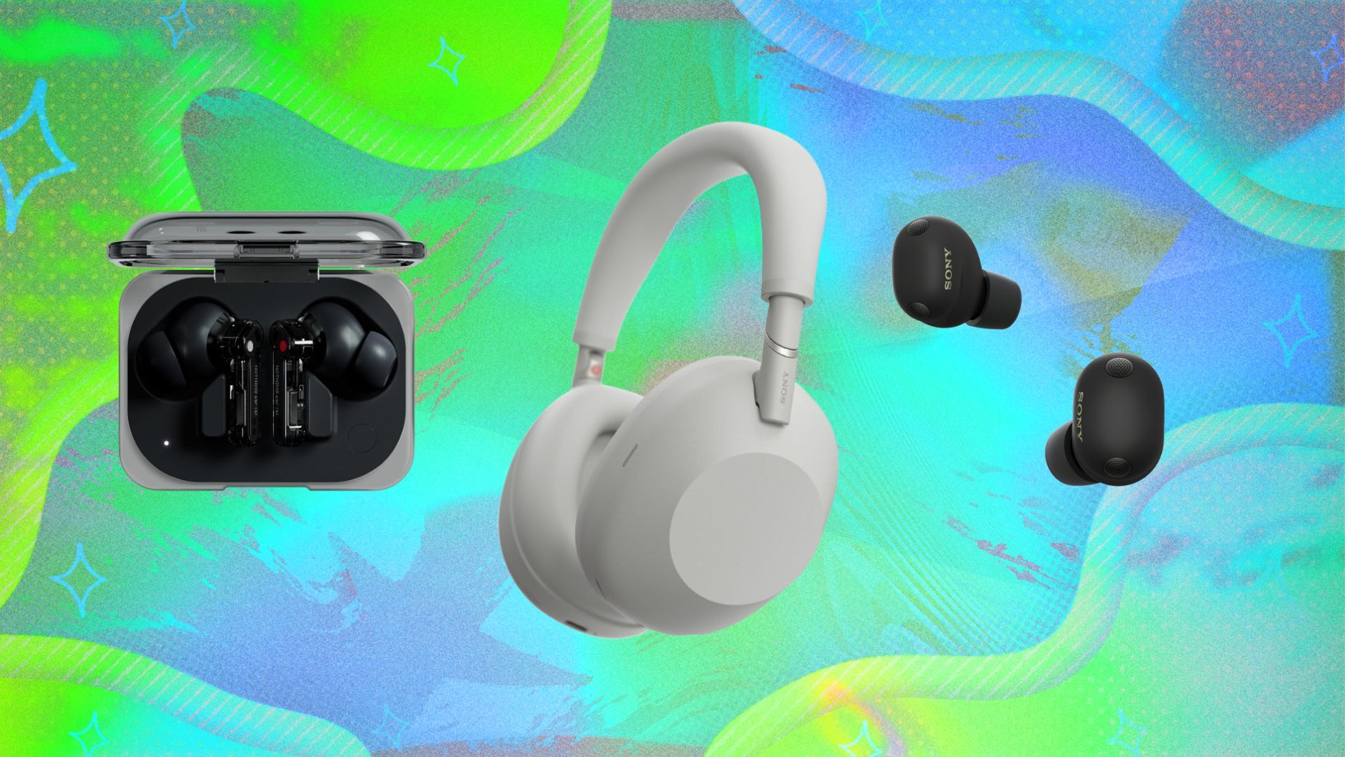 nothing earbuds in case, silver sony xm6 headphones, and black sony xm6 earbuds on blue and green graphic background