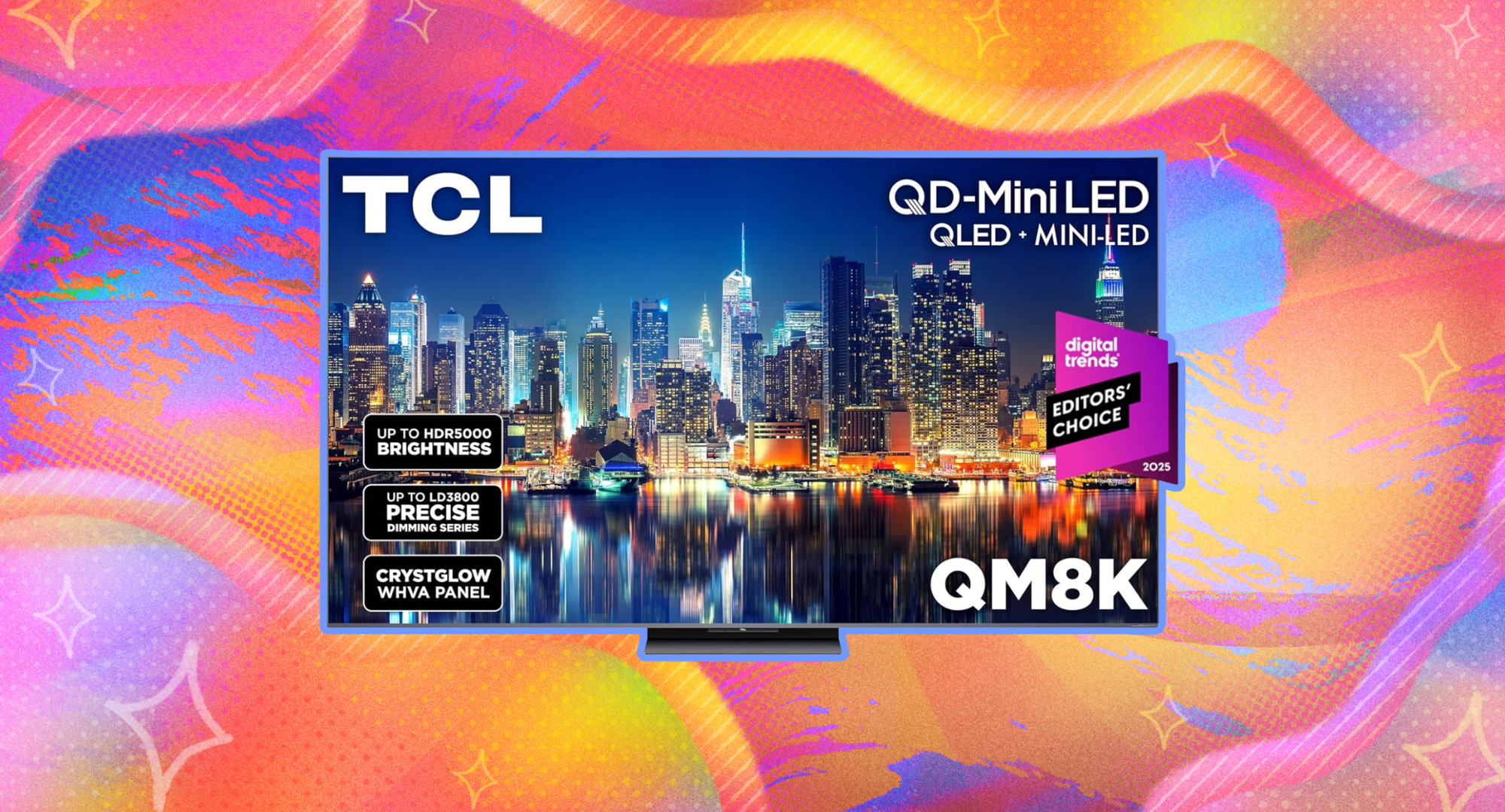 A 75-inch TCL TV against a colorful background.