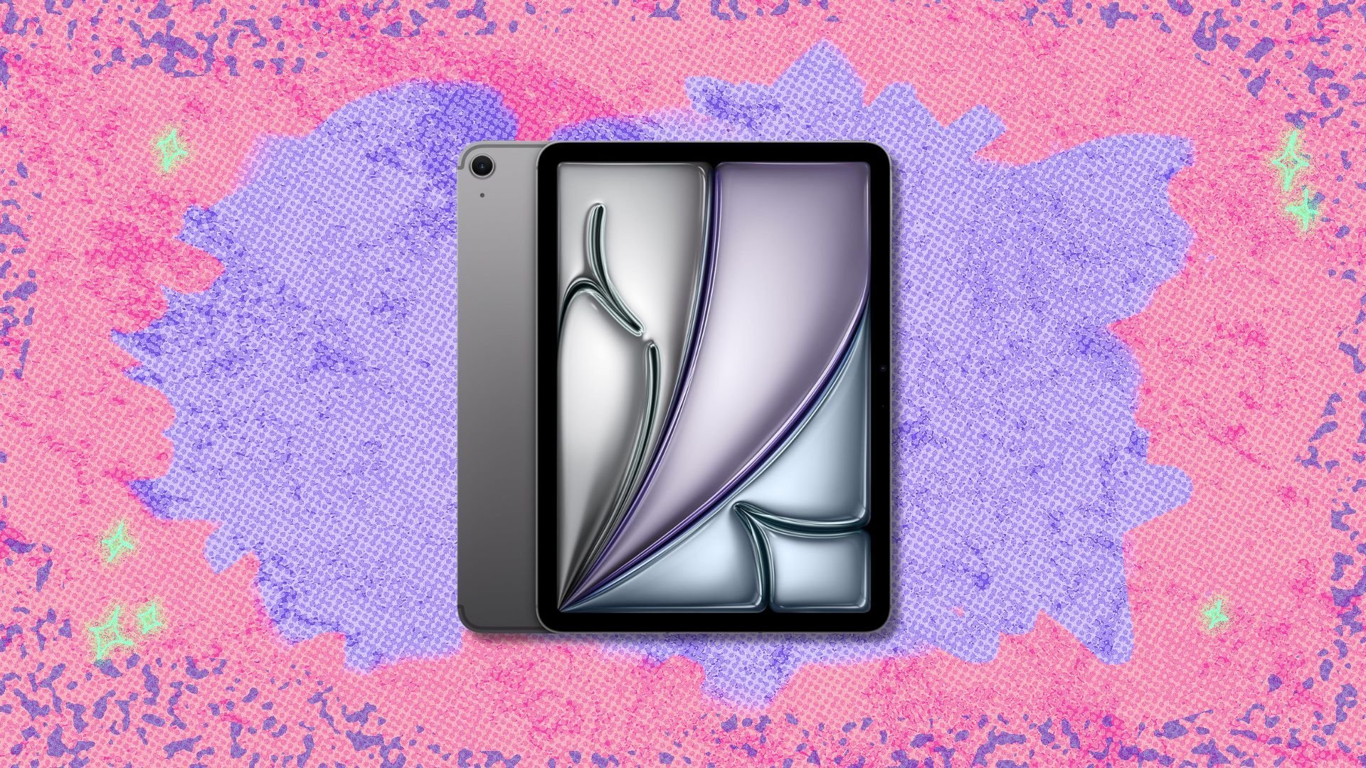 ipad air against a pink and purple patterned background
