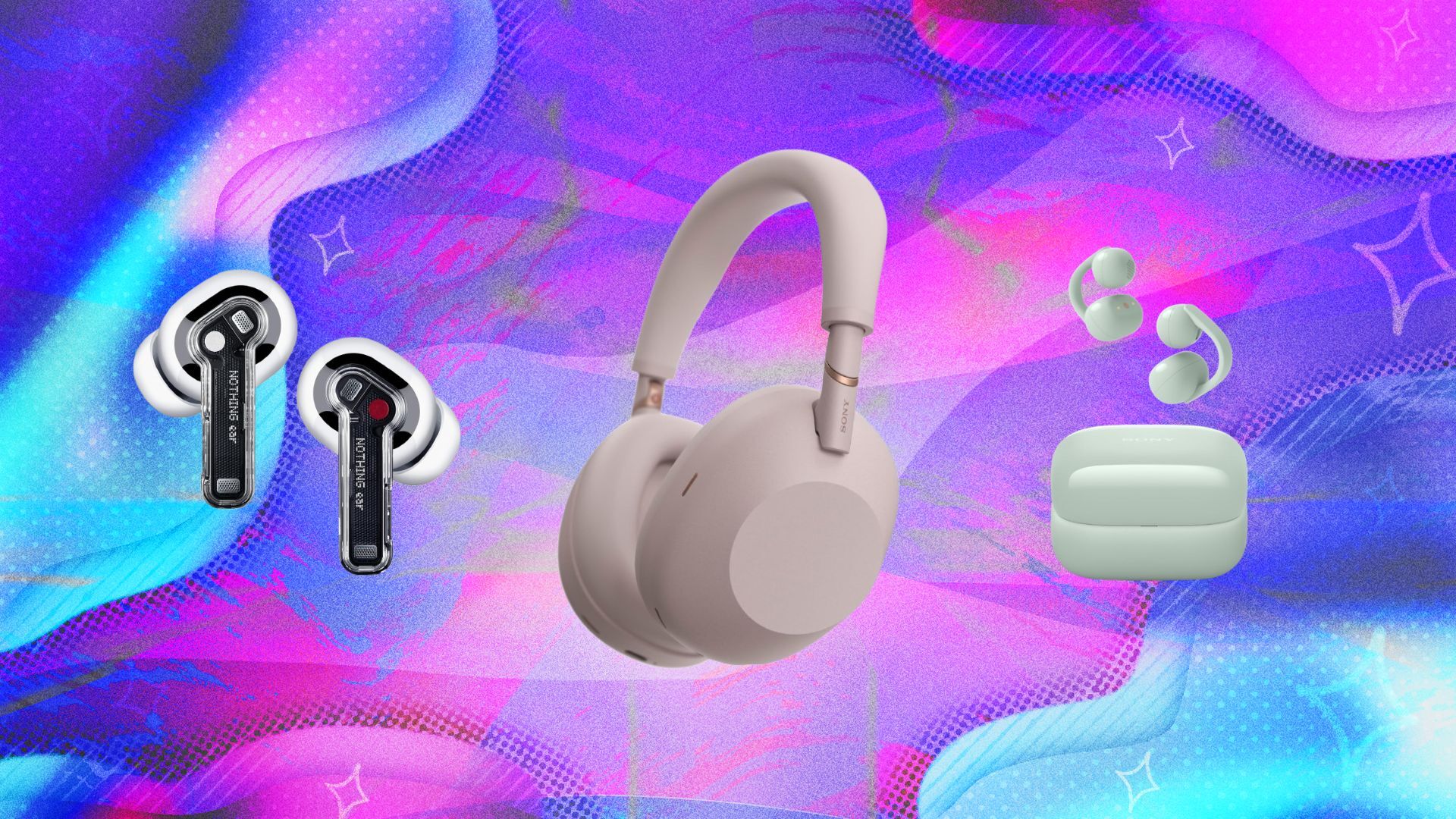 nothing earbuds, sony headphones, and sony earbuds on purple, pink, and blue graphic background