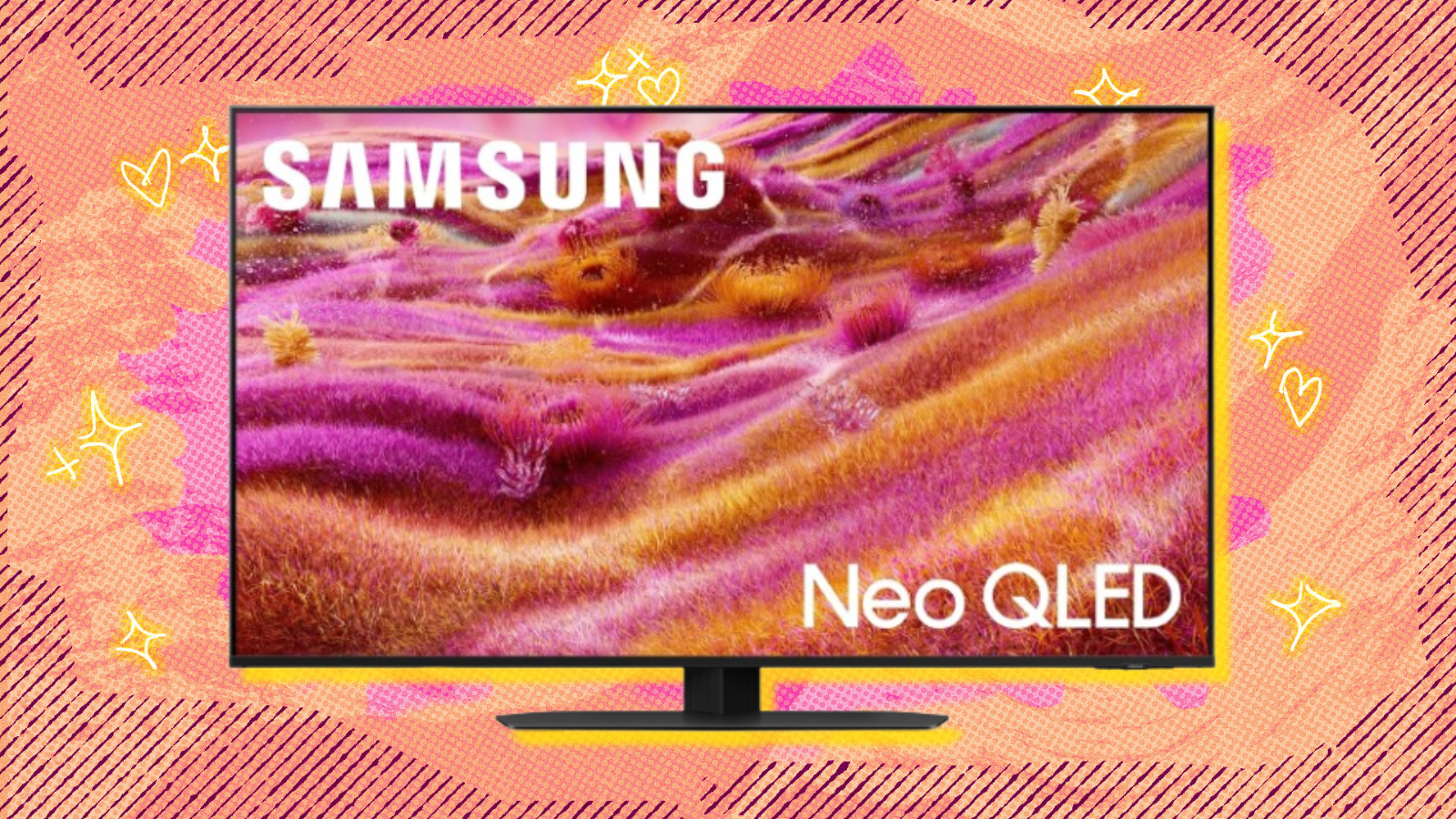 Samsung Neo QLED QN90F TV with orange background