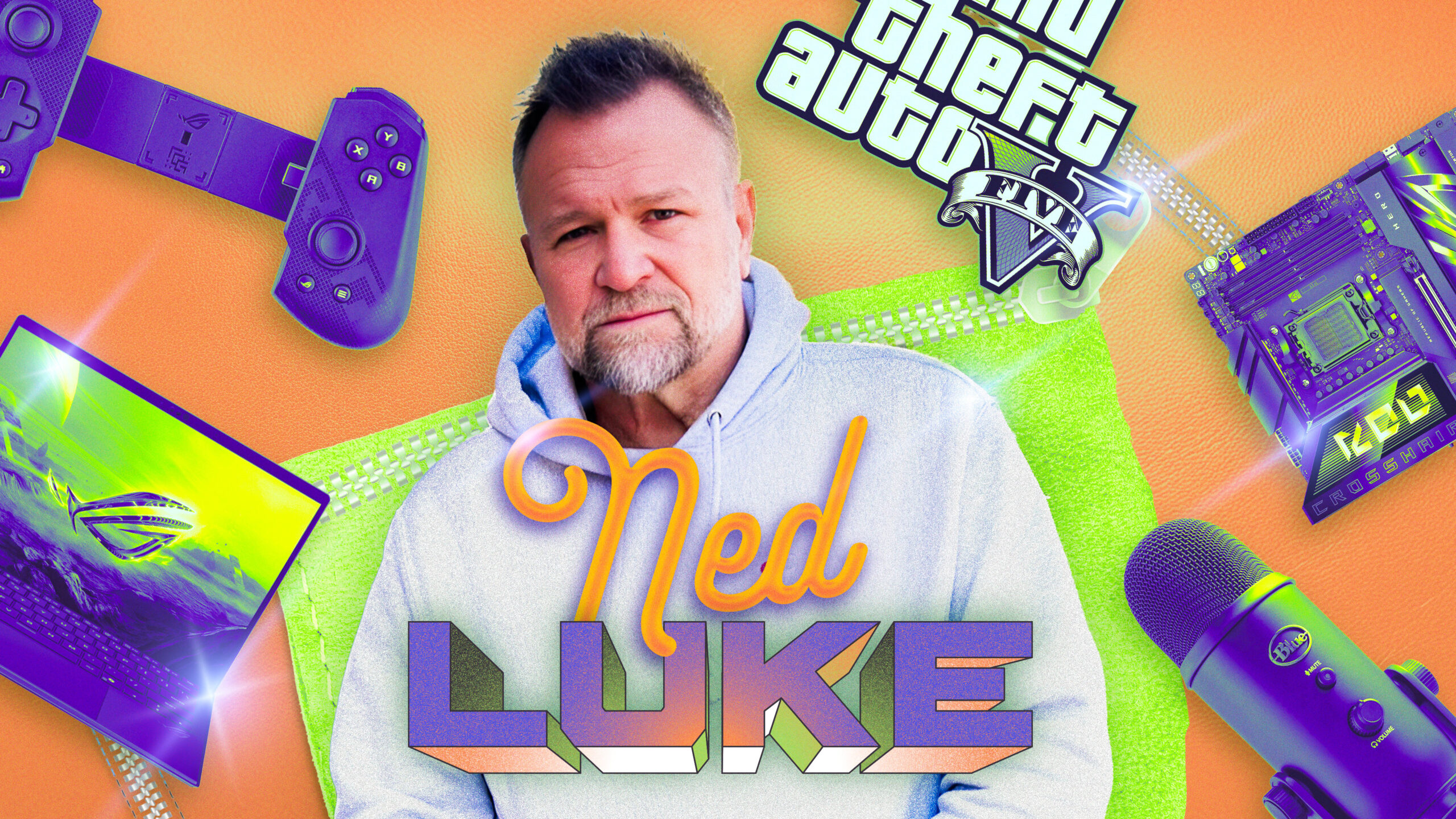 ned luke surrounded by gaming gear