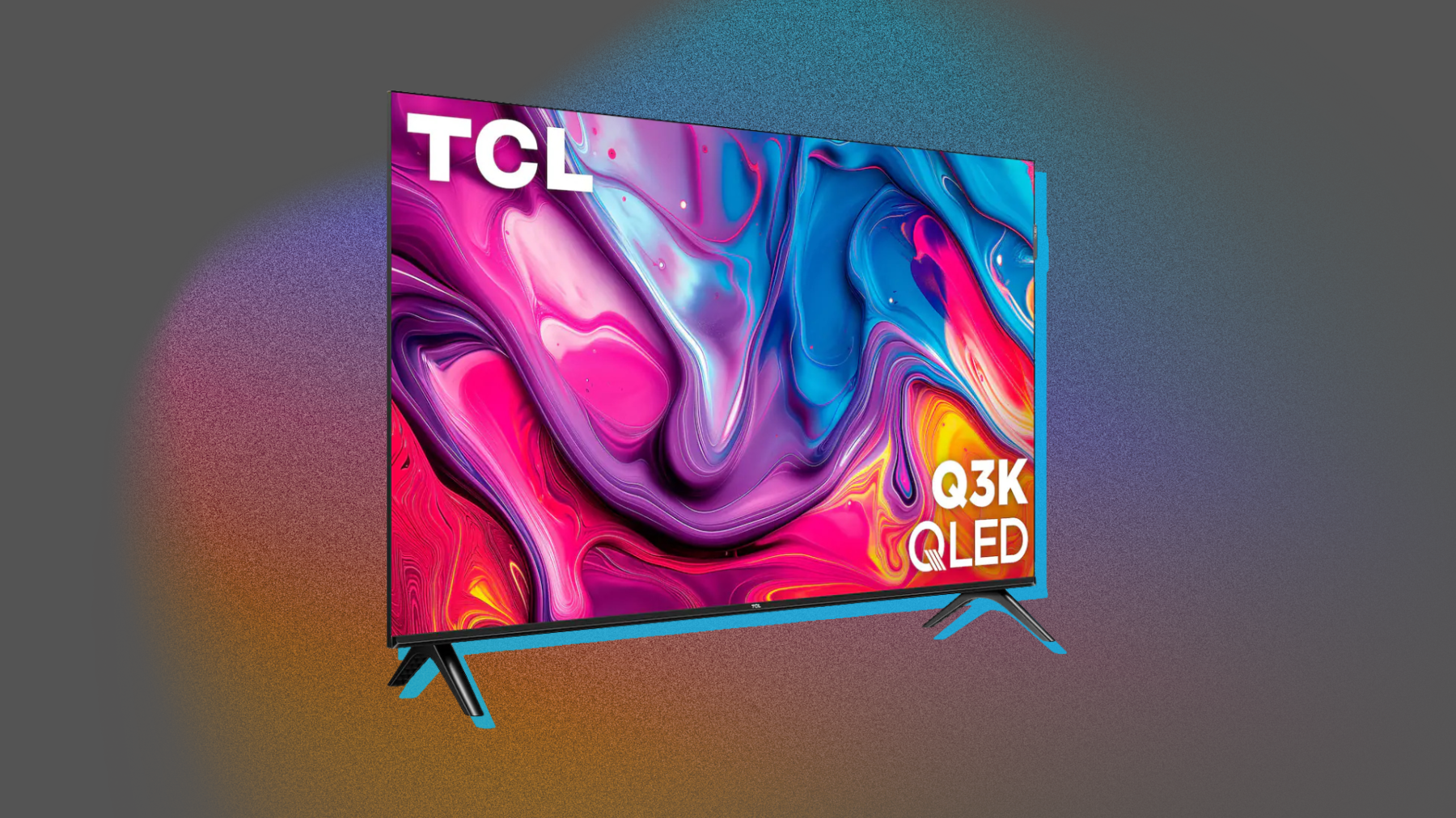 TCL Q3K series TV arranged on gray backdrop with colorful light leak