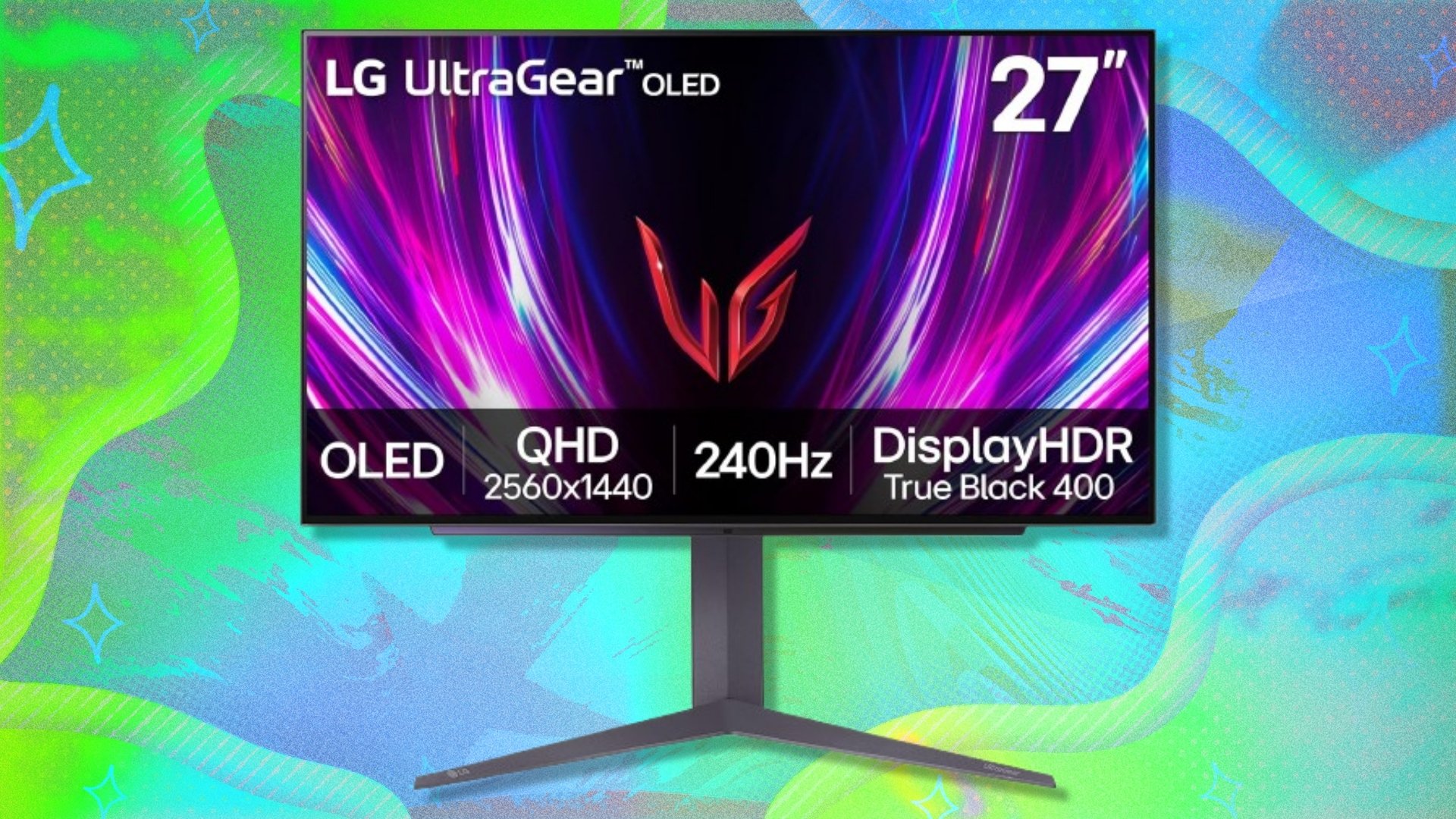 LG 27-inch UltraGear OLED gaming monitor (27GS93QE) on a green and blue background