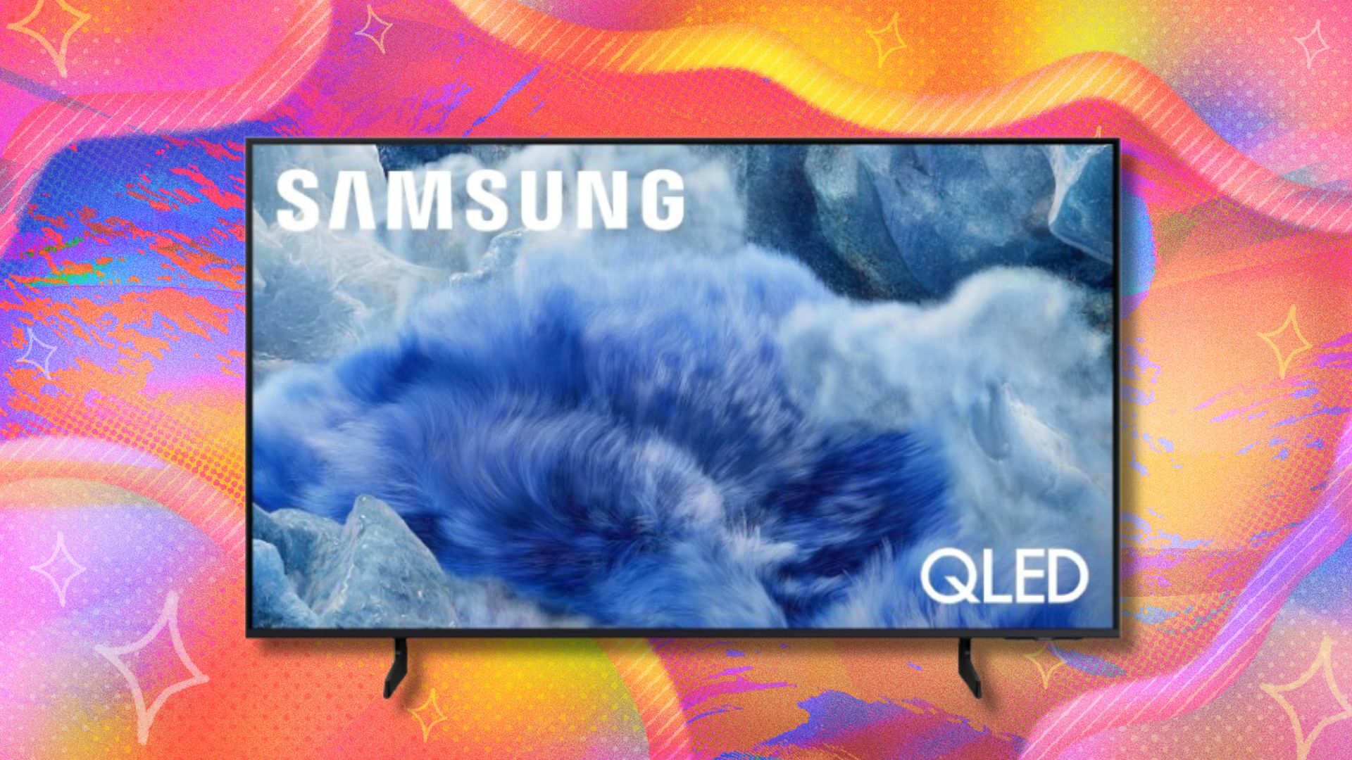 a 65-inch Samsung TV with blue waves on the screen on a busy orange background