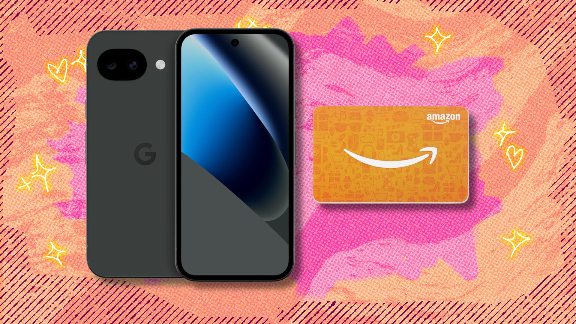 Google Pixel 10a and Amazon gift card on orange and pink abstract background