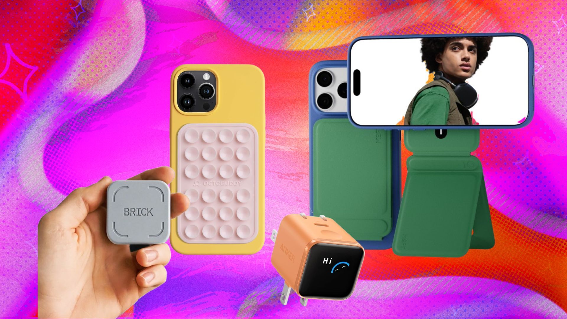 person holding brick, pink octobuddy on yellow phone, orange anker charger, and green moft case on blue cased iphone on purple and red background