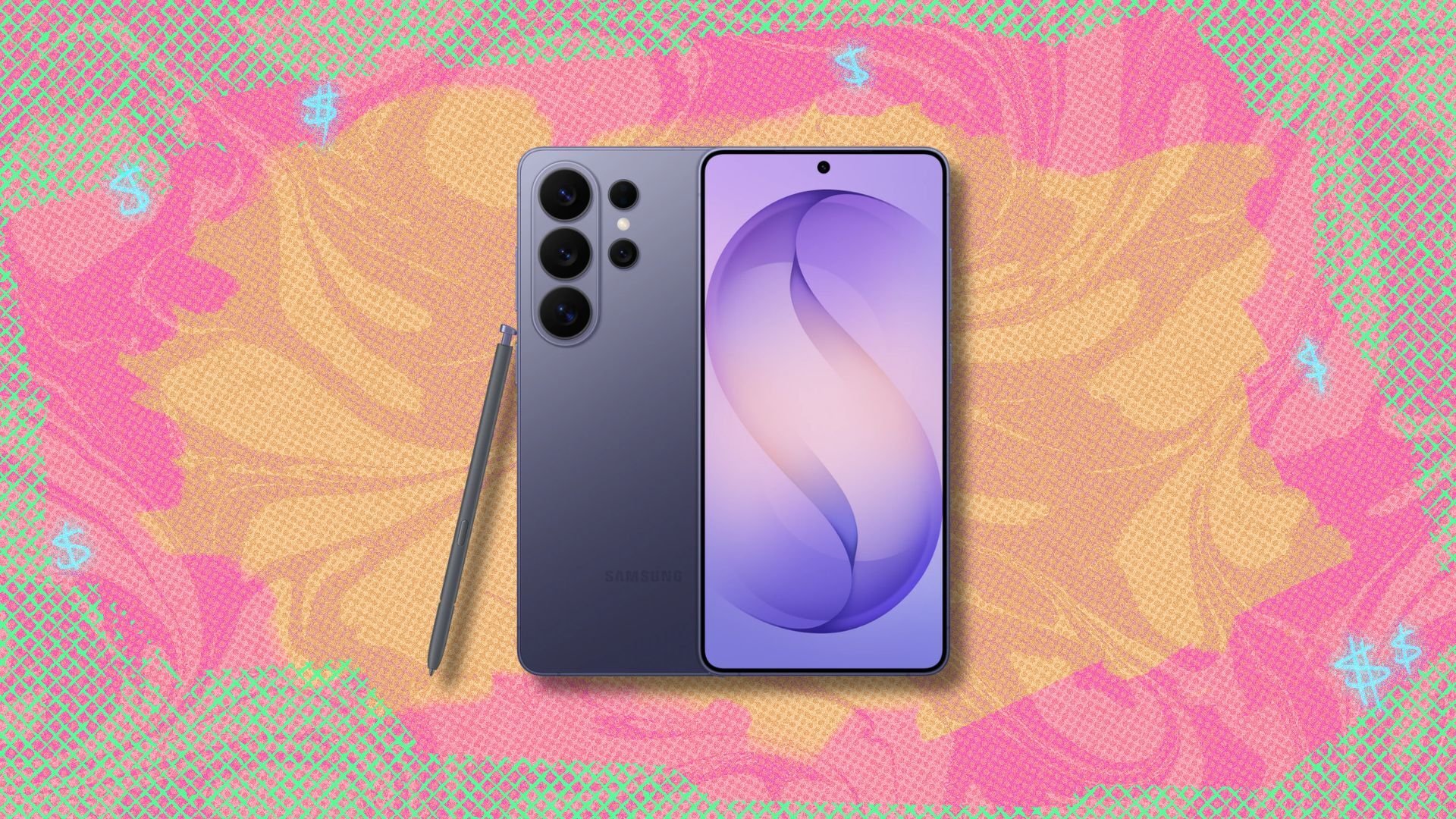 samsung galaxy s26 ultra against a yellow, pink, and green patterned background