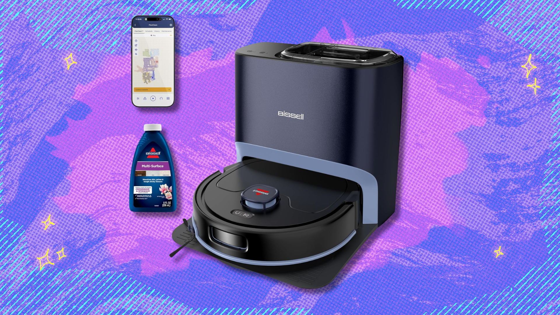 Bissell FlexClean FurForce Robot Vacuum and Mop on pink and purple abstract background