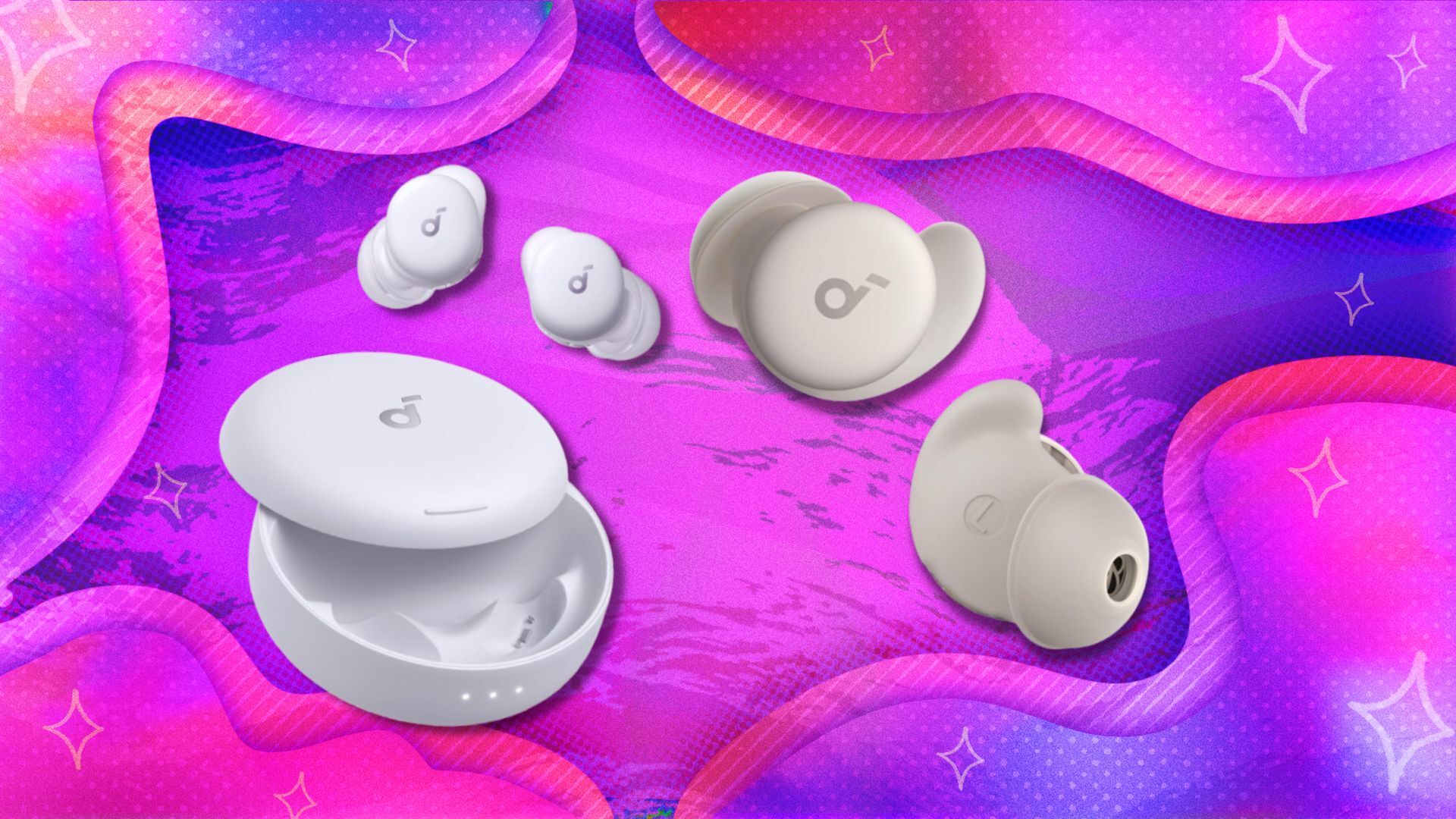 the soundcore seep a20 and a30 special earbuds on a purple and pink background
